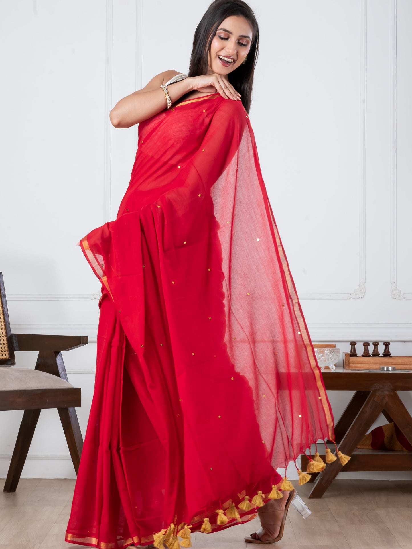 Red Sequence Mulmul Cotton Saree