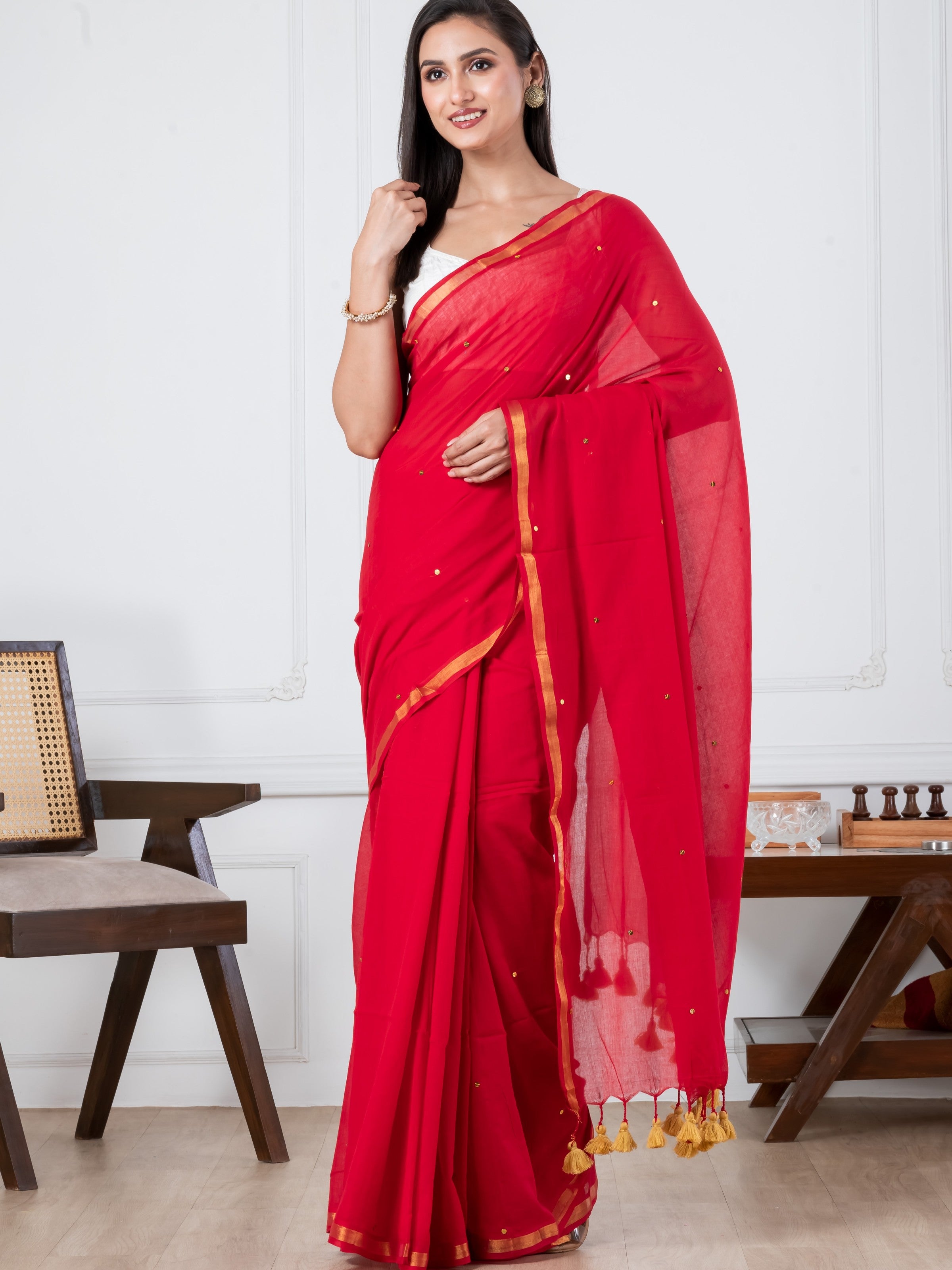 Red Sequence Mulmul Cotton Saree