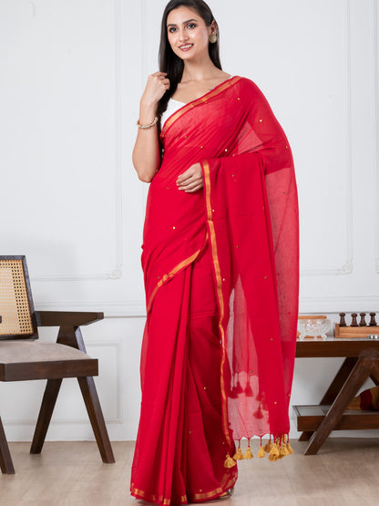 Red Sequence Mulmul Cotton Saree