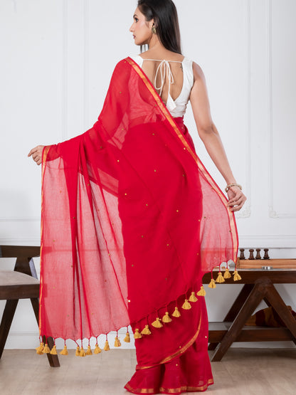 Red Sequence Mulmul Cotton Saree