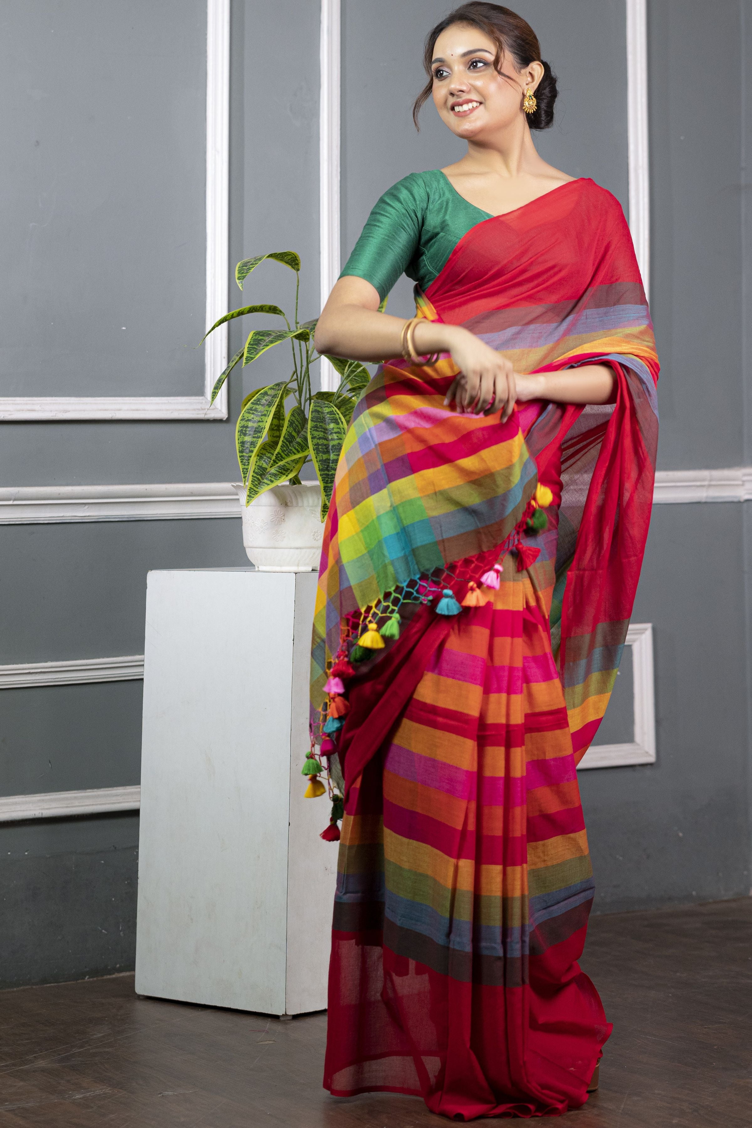 Red Striped Mul Mul Saree