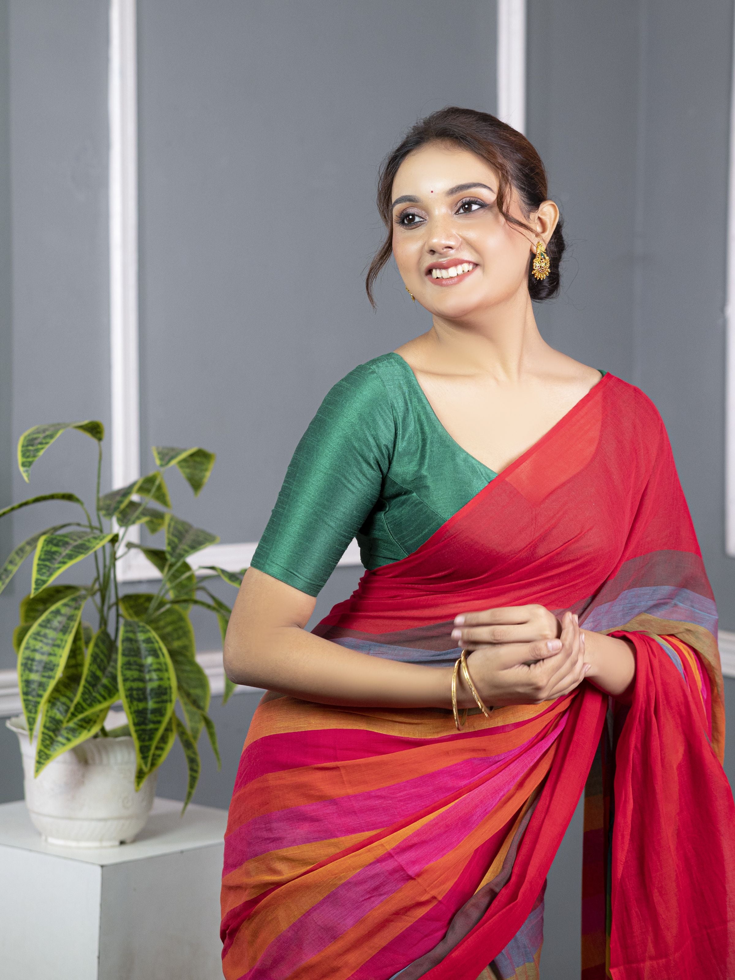 Red Striped Mul Mul Saree