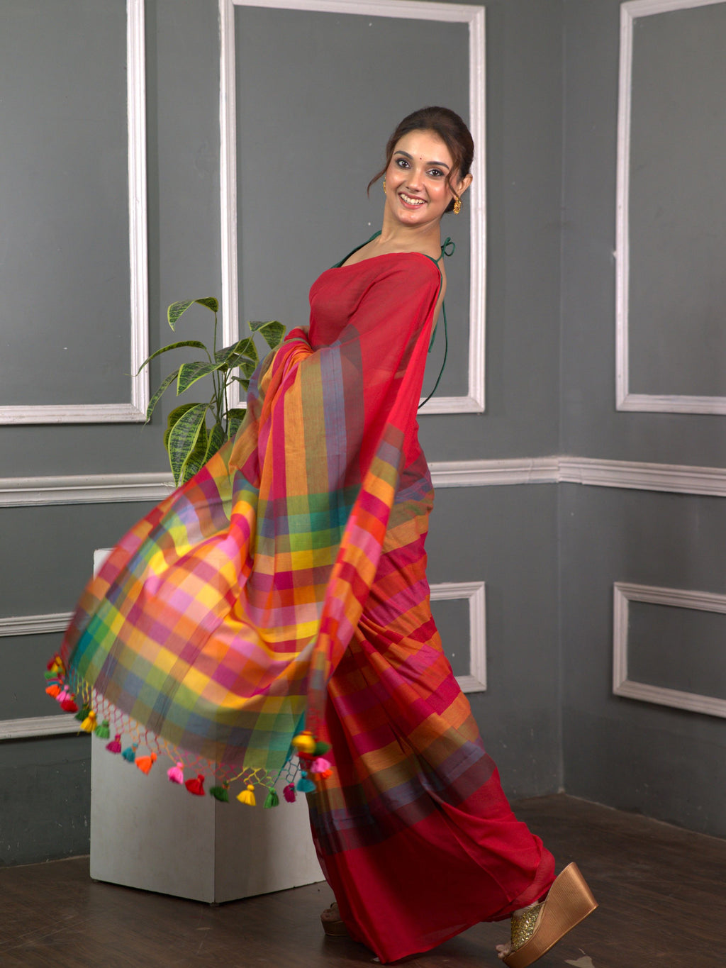 Red Striped Mul Mul Saree