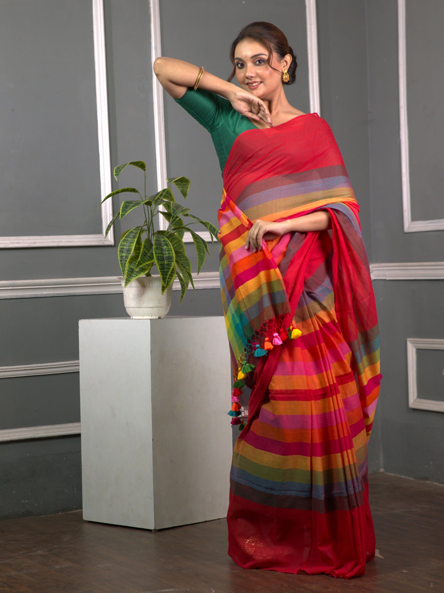 Red Striped Mul Mul Saree
