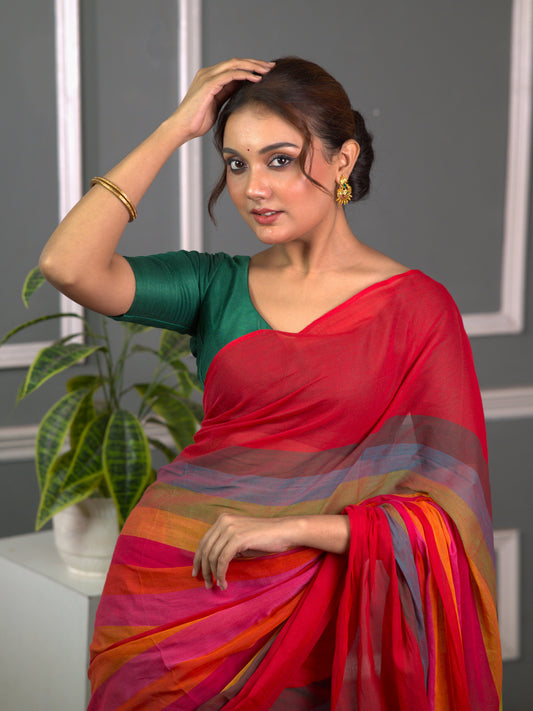 Red Striped Mul Mul Saree