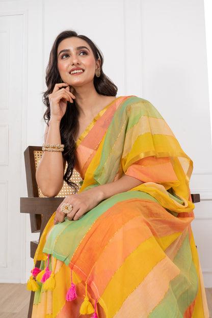 Yellowish Rainbow Mul Cotton Saree