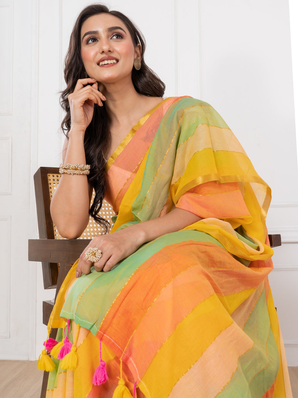 Yellowish Rainbow Mul Cotton Saree