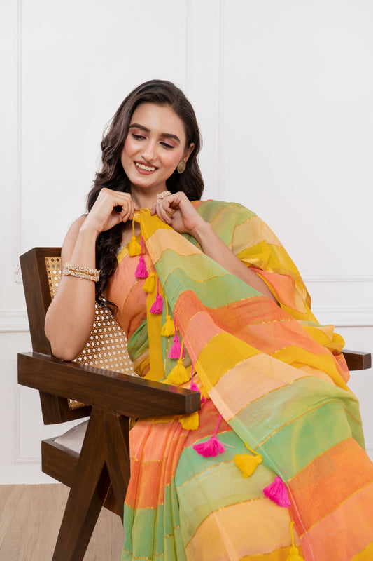 Yellowish Rainbow Mul Cotton Saree