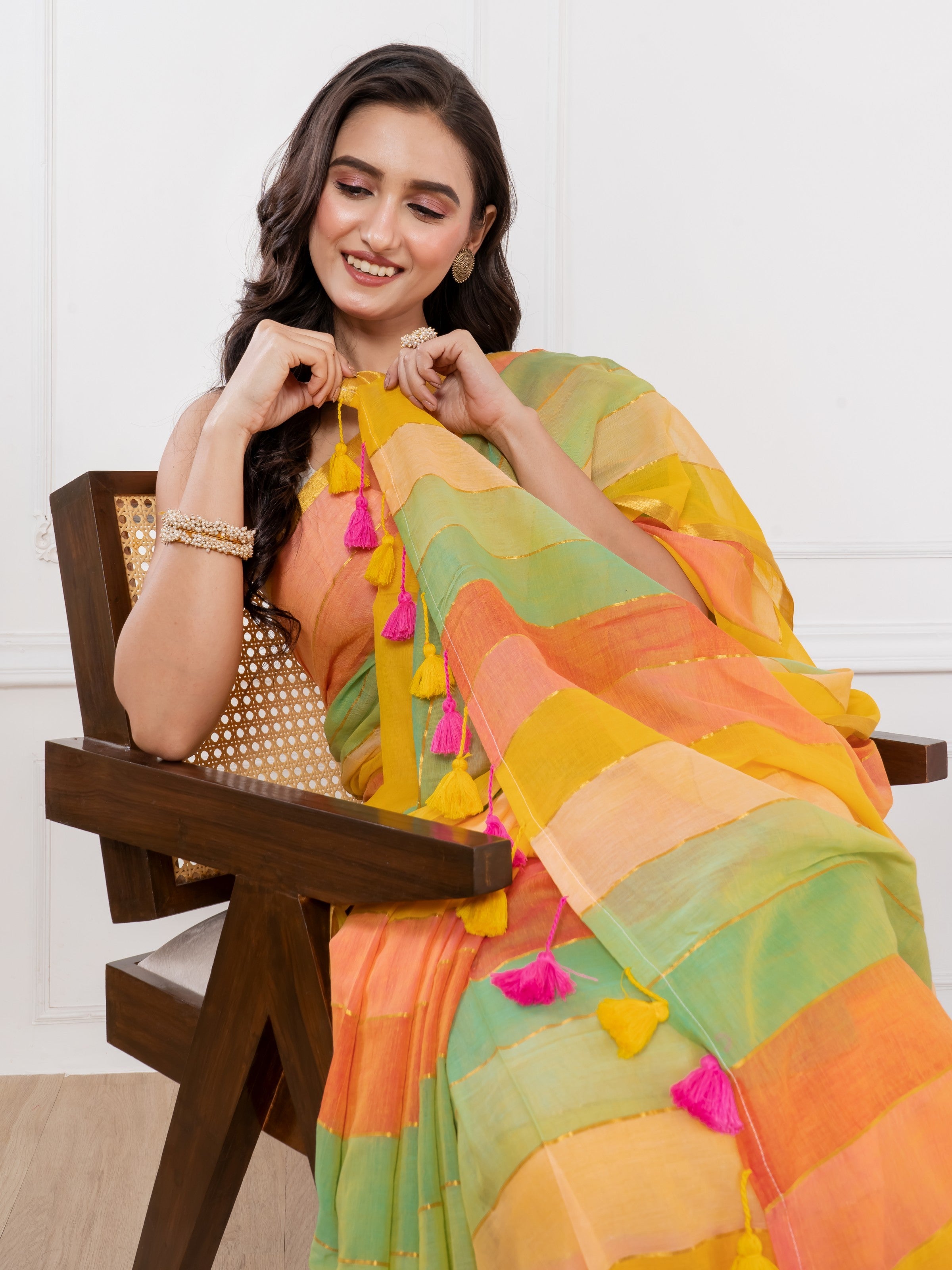 Yellowish Rainbow Mul Cotton Saree