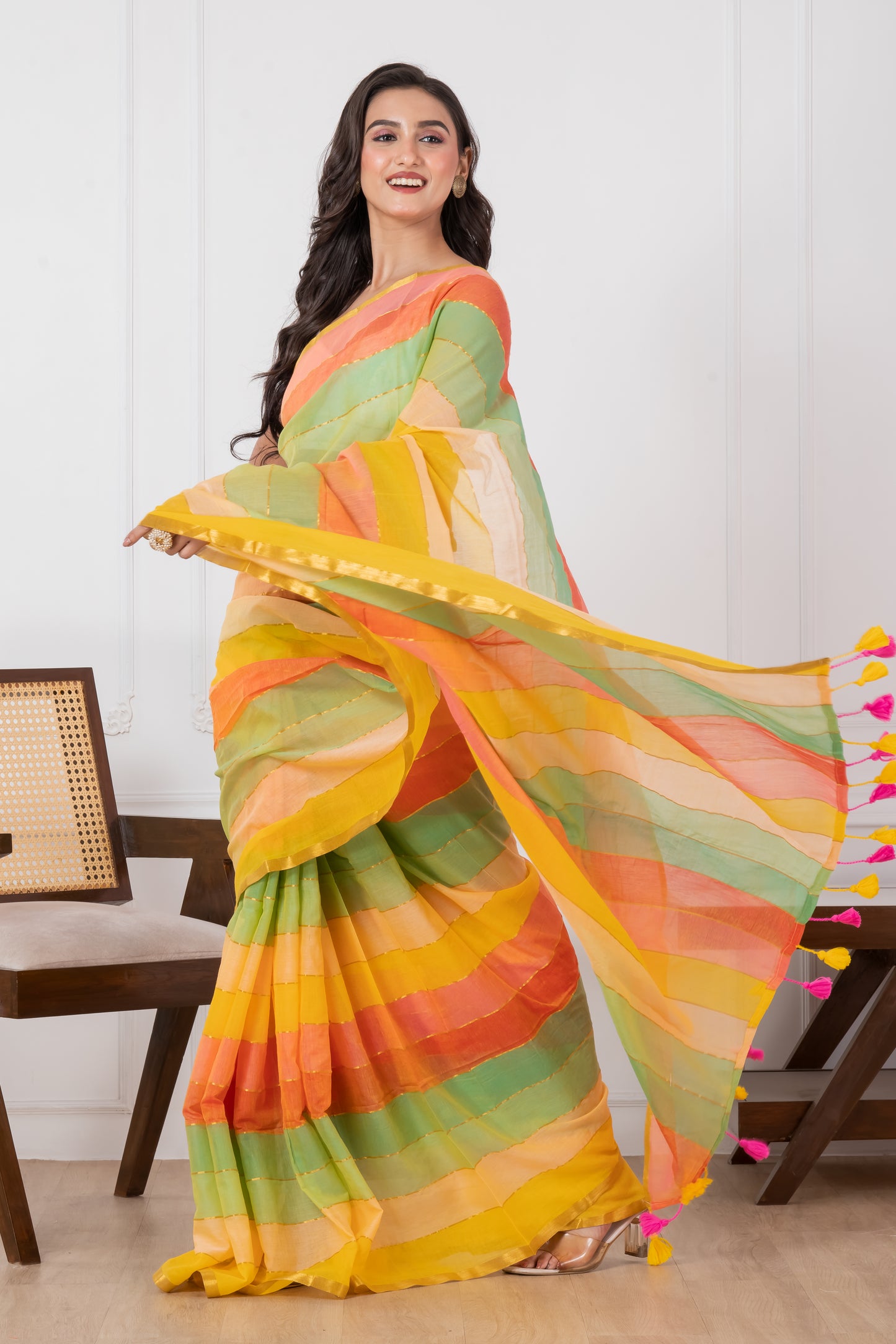 Yellowish Rainbow Mul Cotton Saree