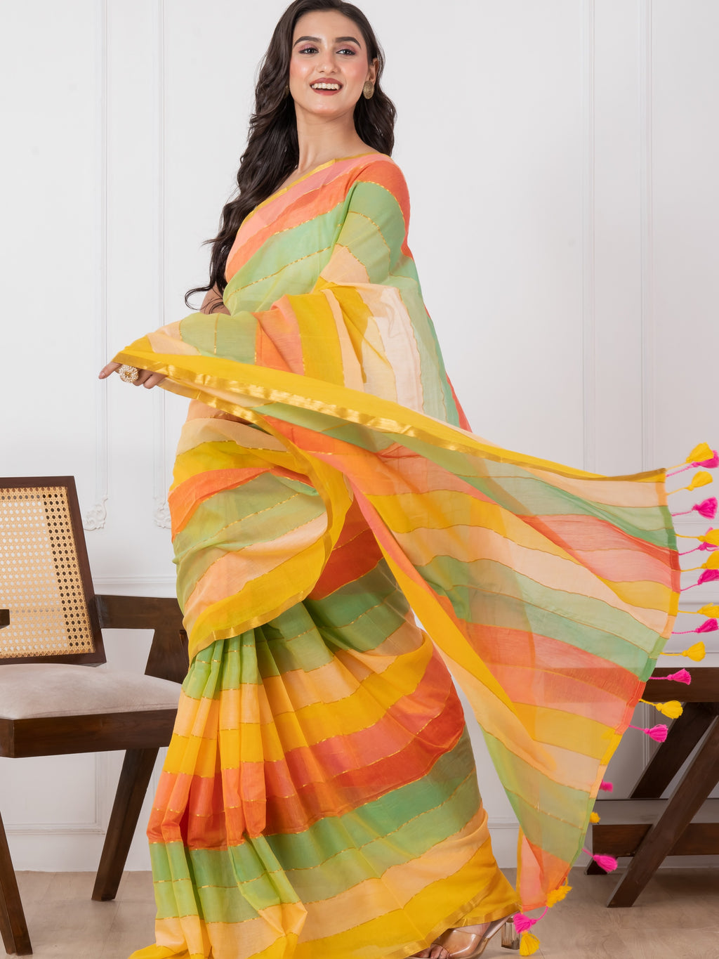 Yellowish Rainbow Mul Cotton Saree