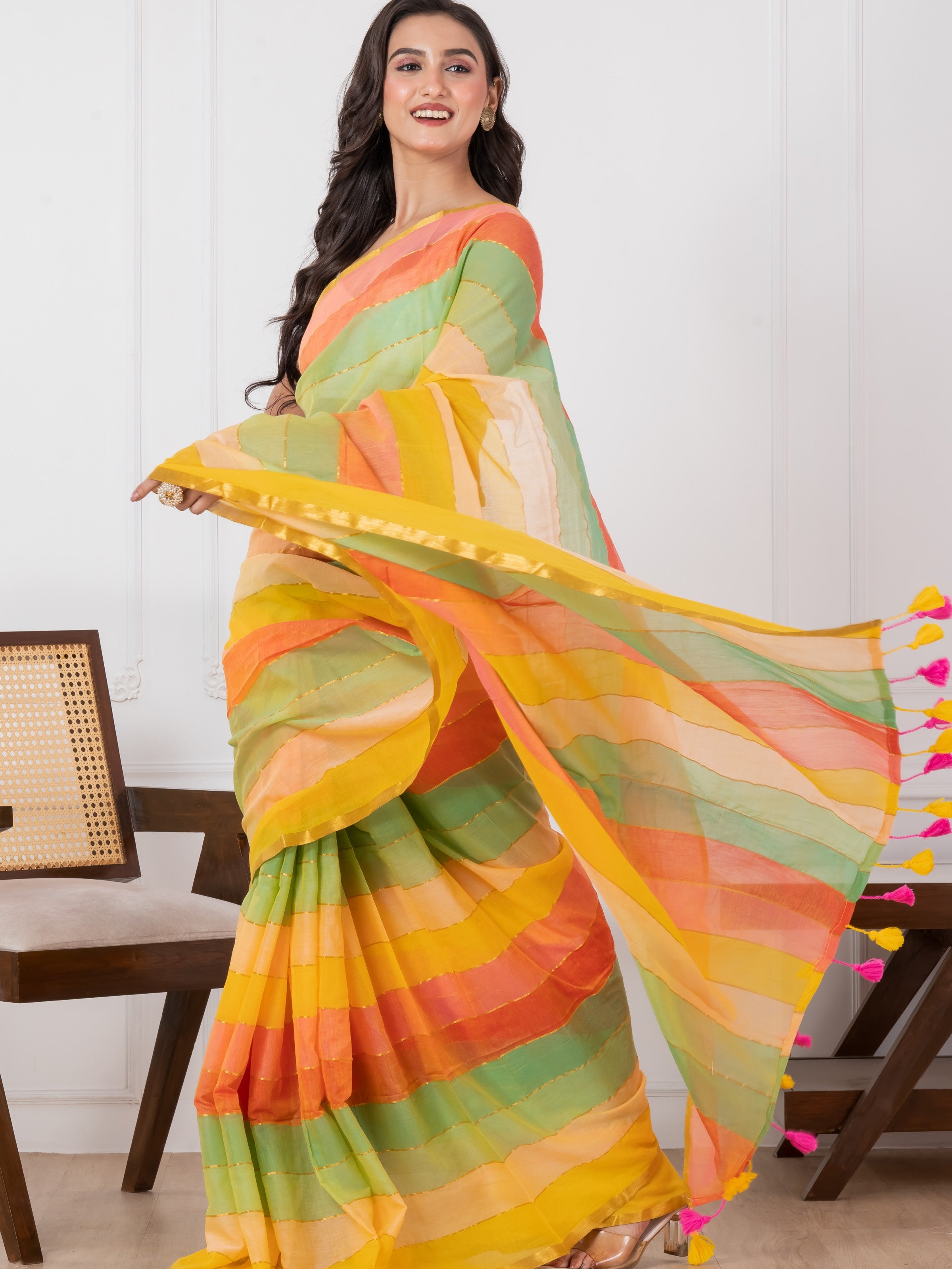 Yellowish Rainbow Mul Cotton Saree