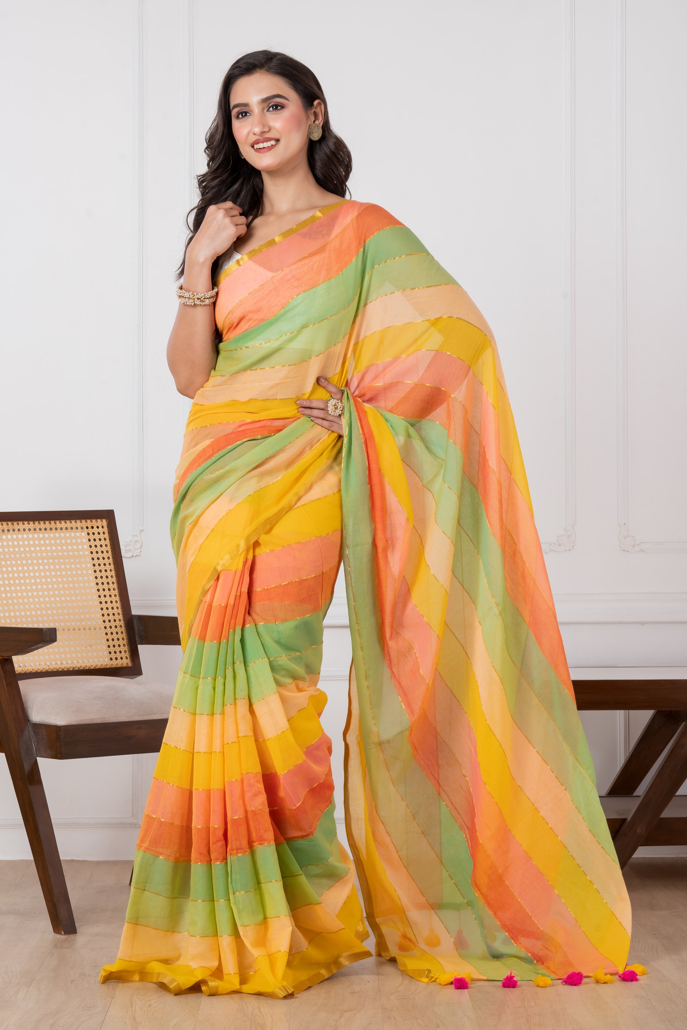 Yellowish Rainbow Mul Cotton Saree