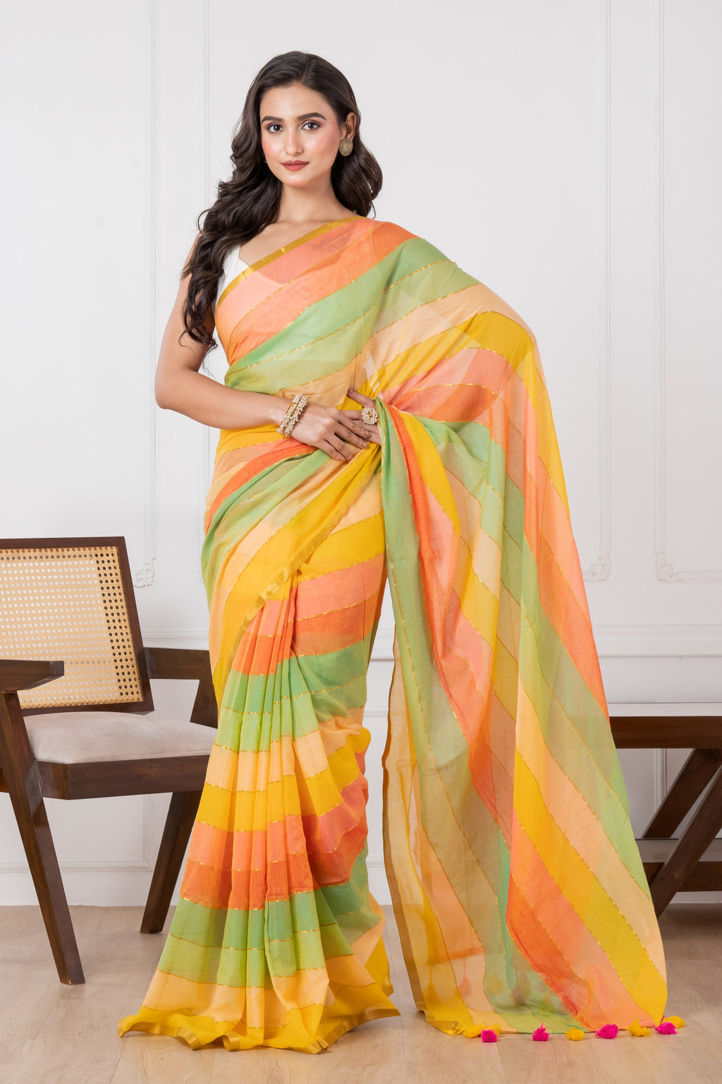 Yellowish Rainbow Mul Cotton Saree