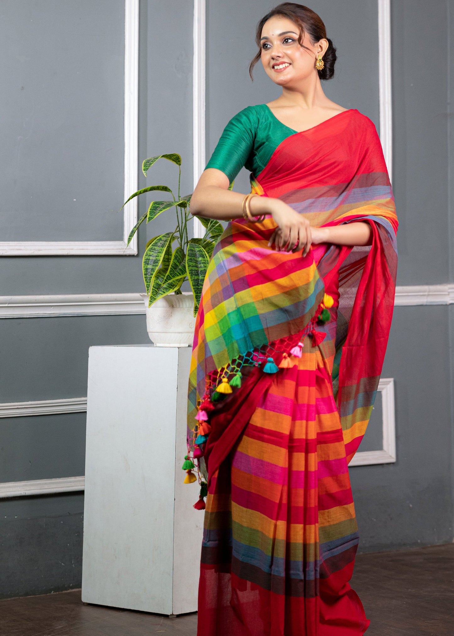 Red Striped Mul Mul Saree