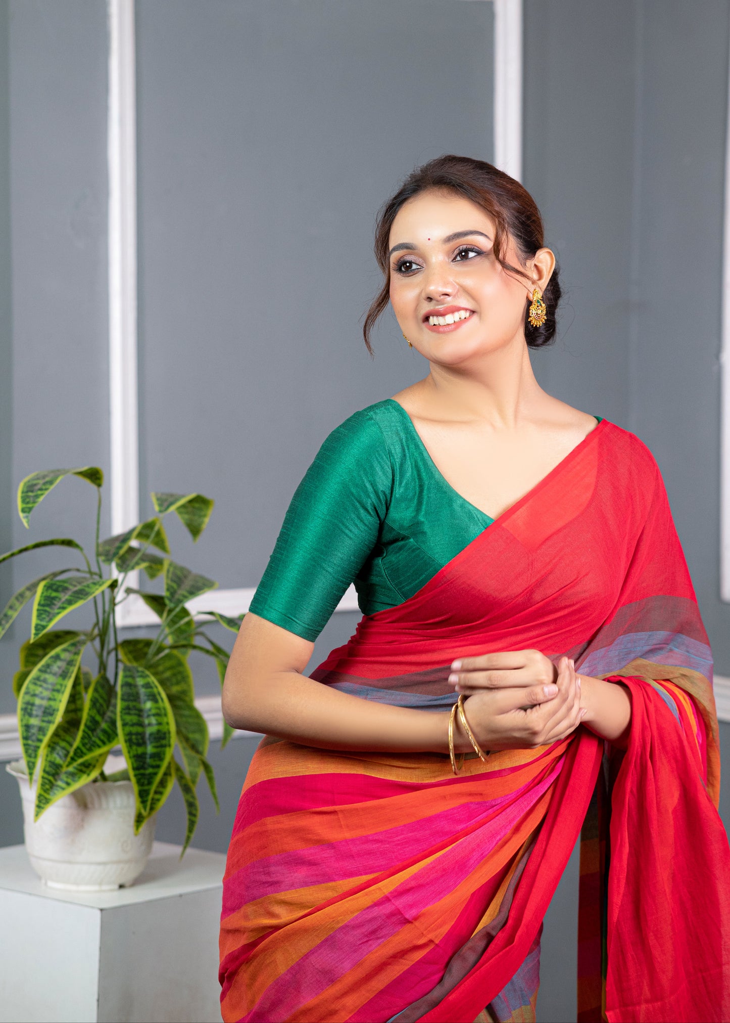 Red Striped Mul Mul Saree