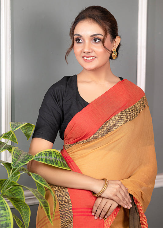 Sandalwood and Red, Gray Pure Mul Mul Saree