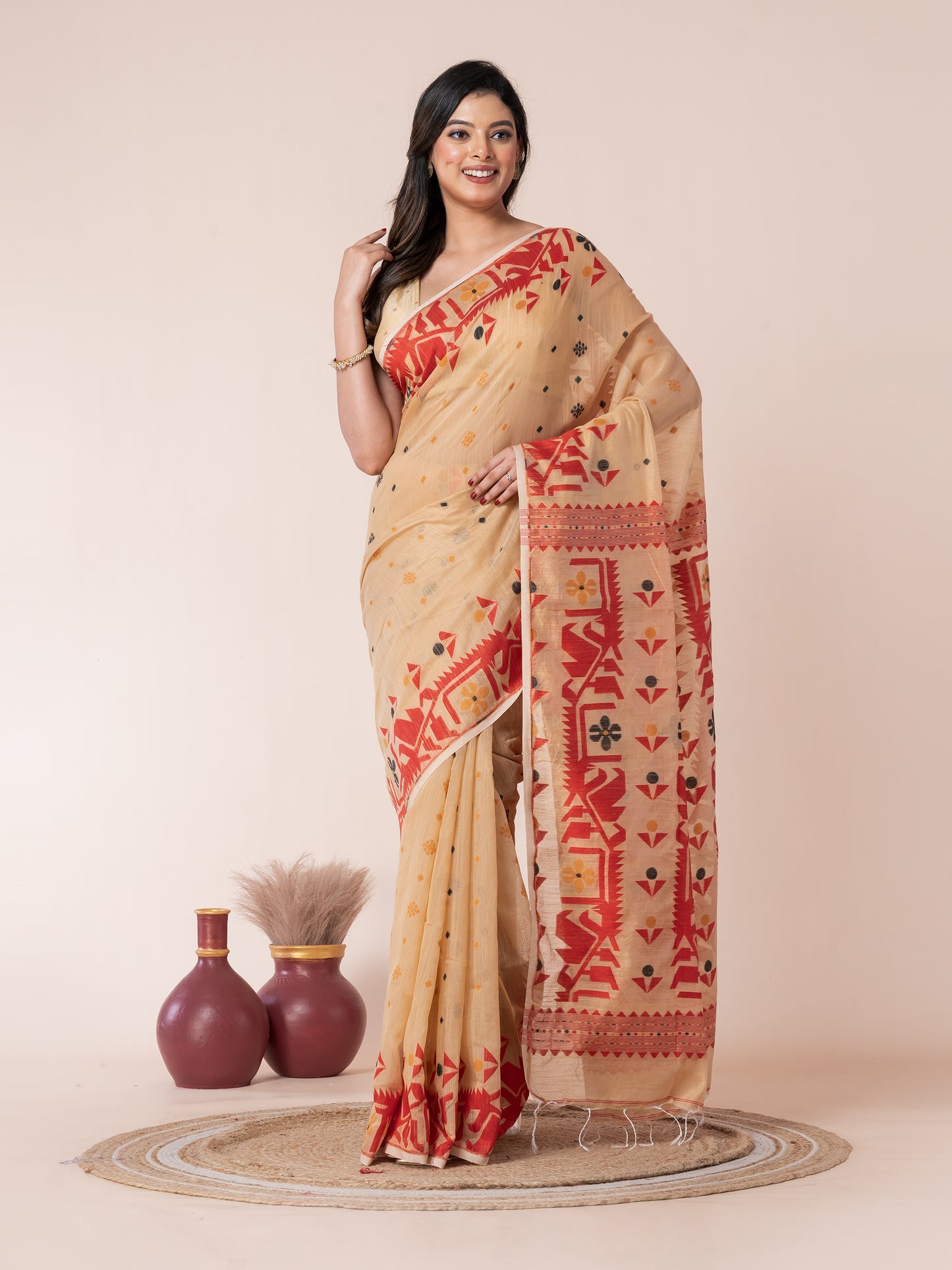 Sandalwood Body Red Jamdani Cotton Saree