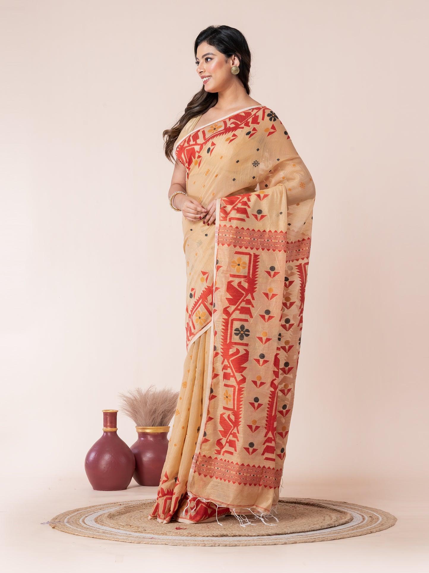 Sandalwood Body Red Jamdani Cotton Saree