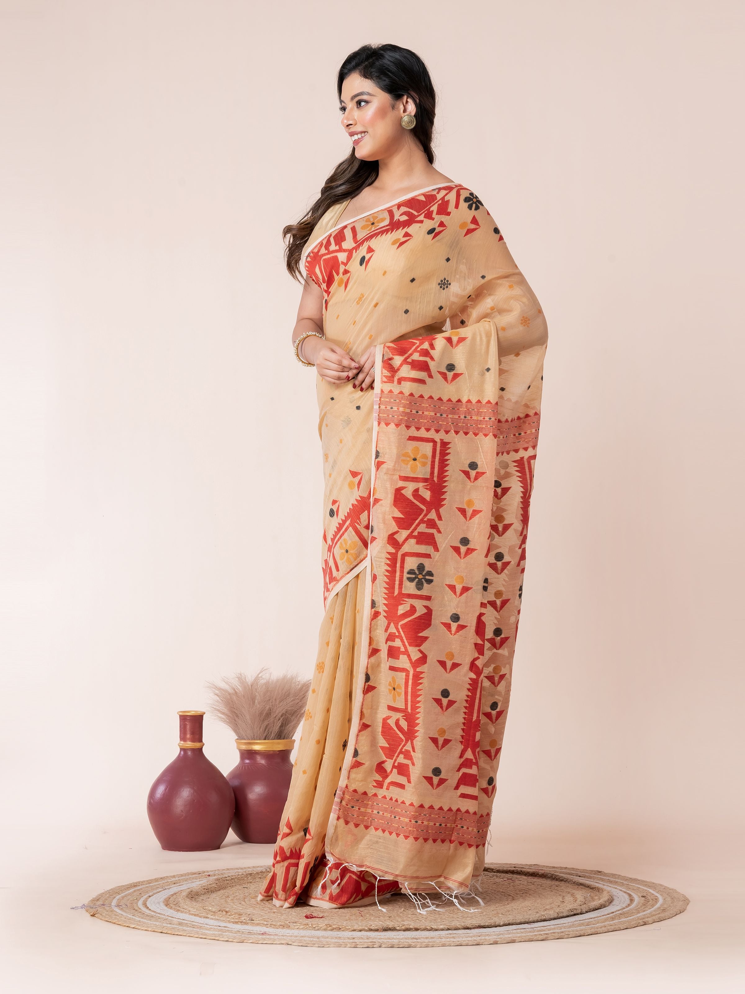 Sandalwood Body Red Jamdani Cotton Saree