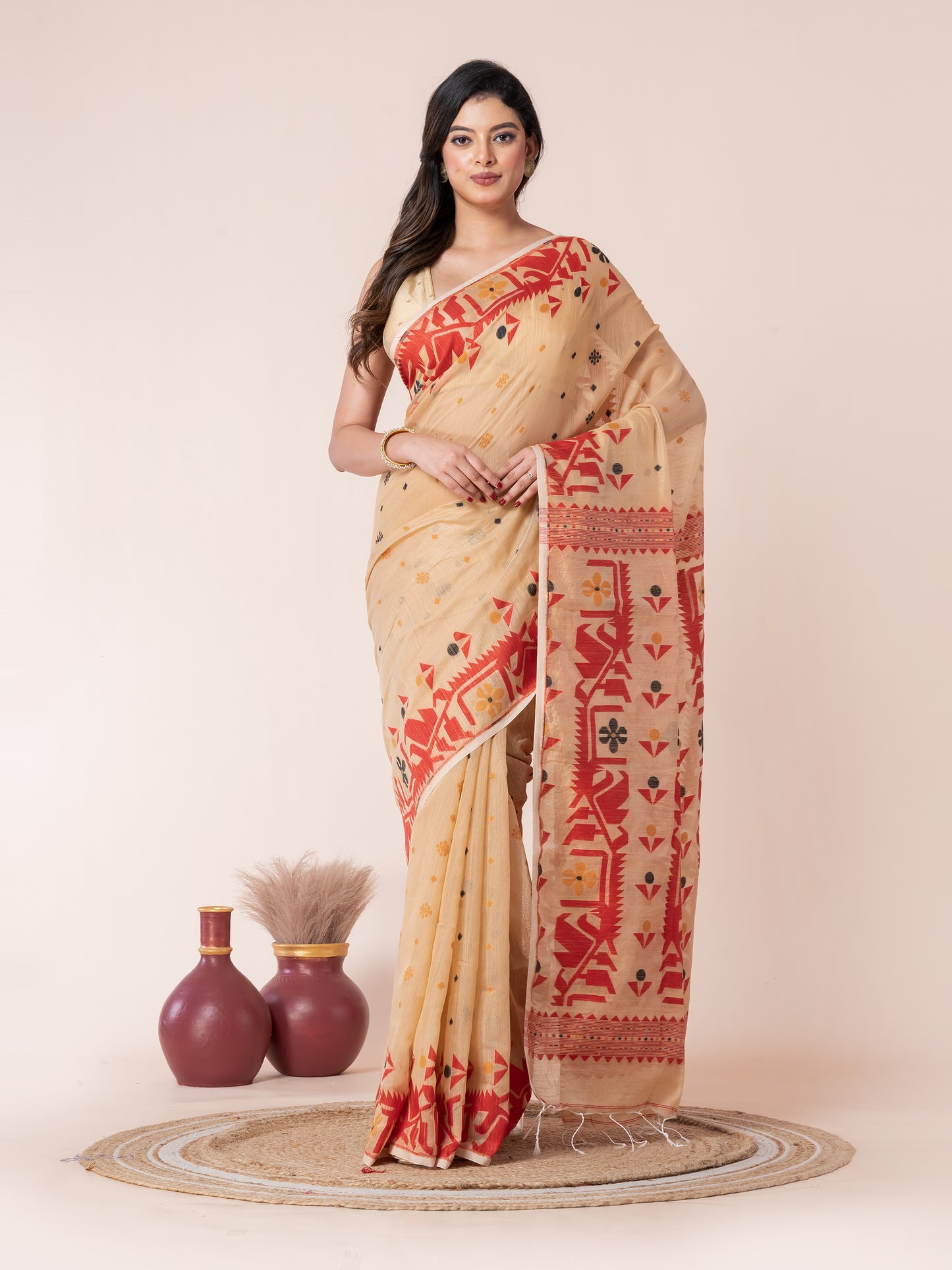 Sandalwood Body Red Jamdani Cotton Saree