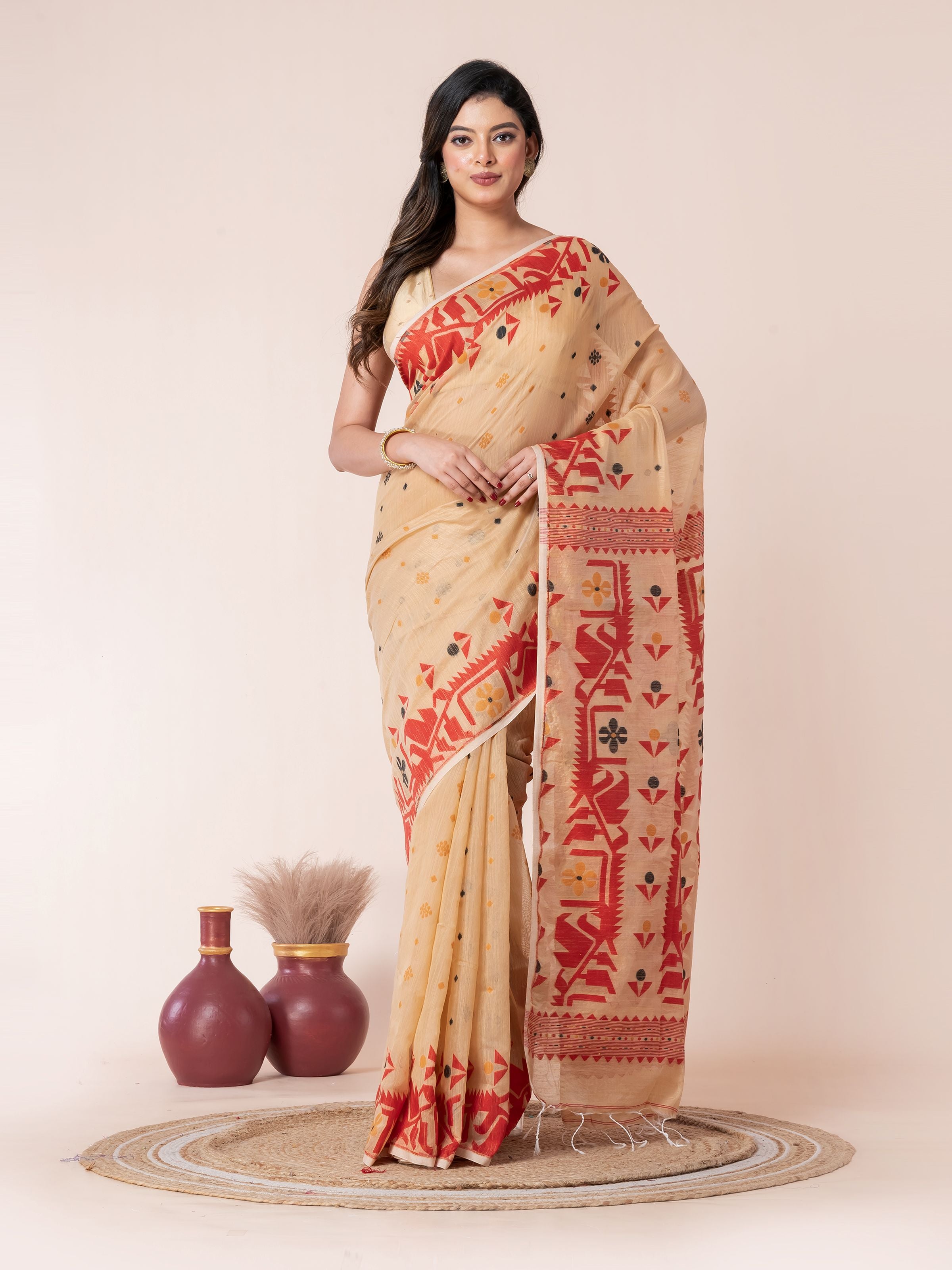 Sandalwood Body Red Jamdani Cotton Saree