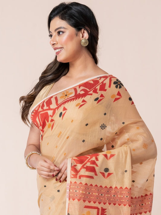 Sandalwood Body Red Jamdani Cotton Saree