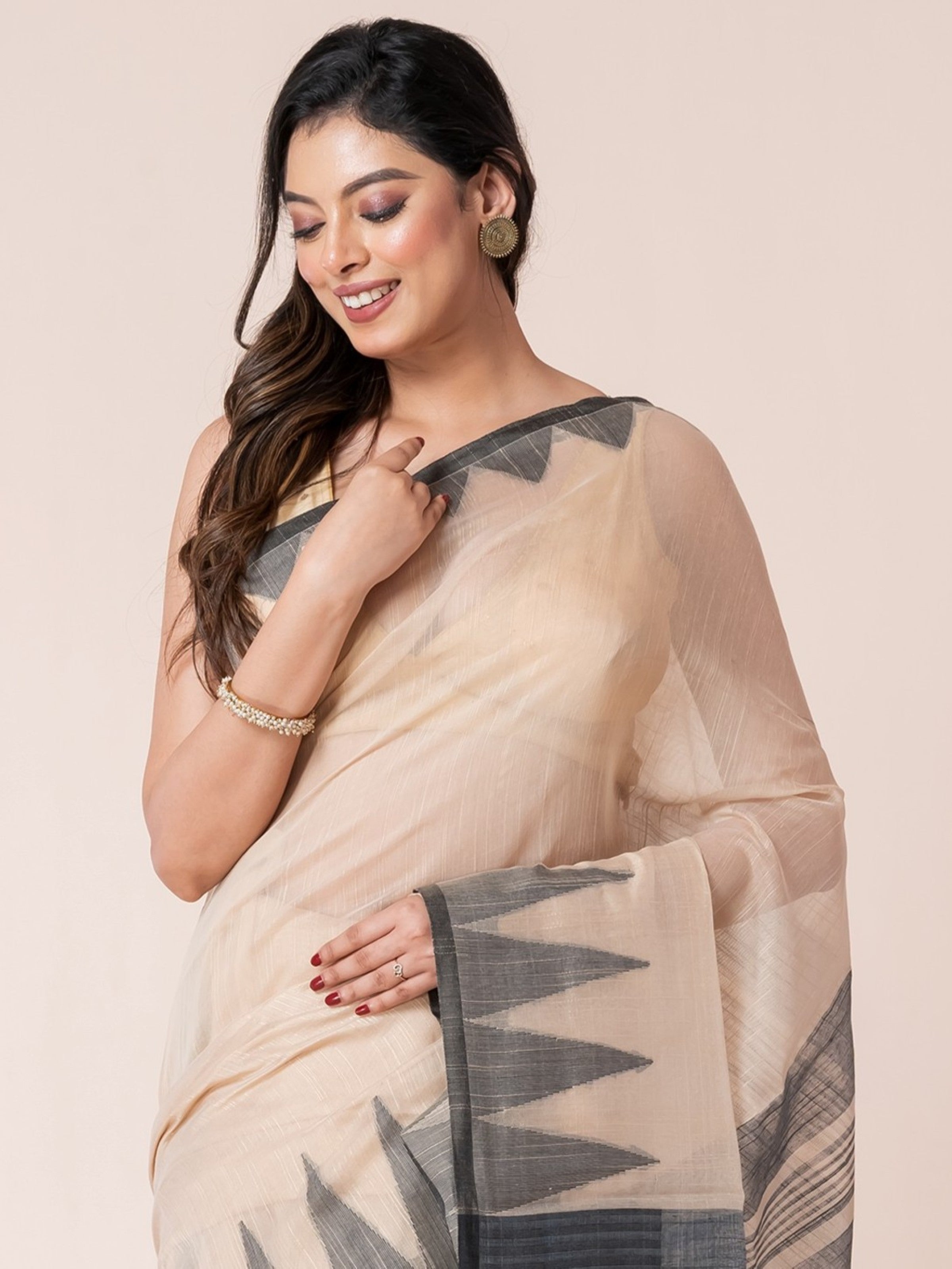 Sandalwood Body and Black Temple Border Cotton Saree