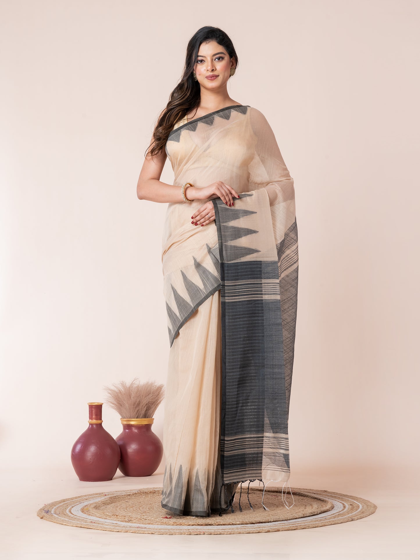 Sandalwood Body and Black Temple Border Cotton Saree