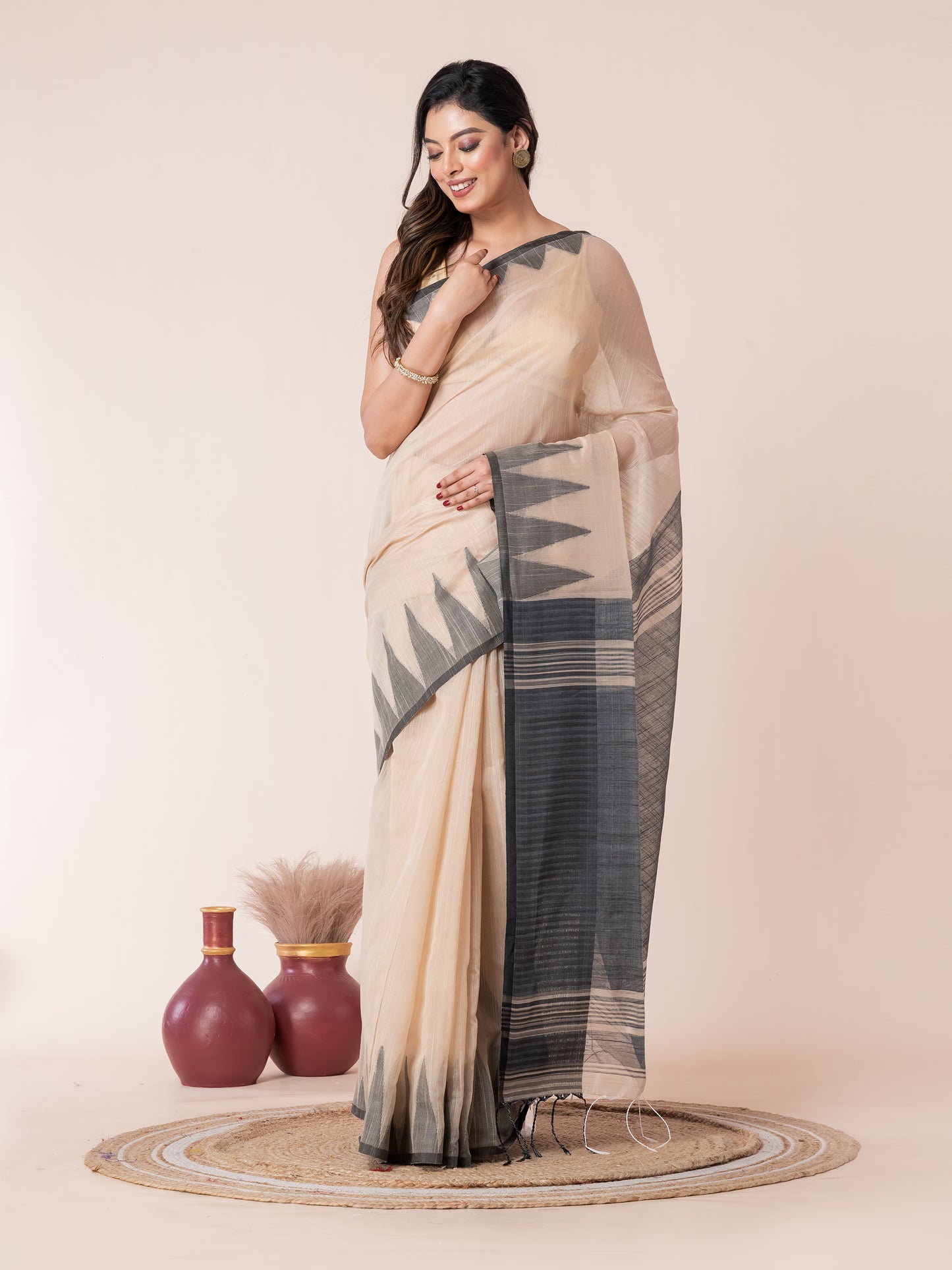 Sandalwood Body and Black Temple Border Cotton Saree