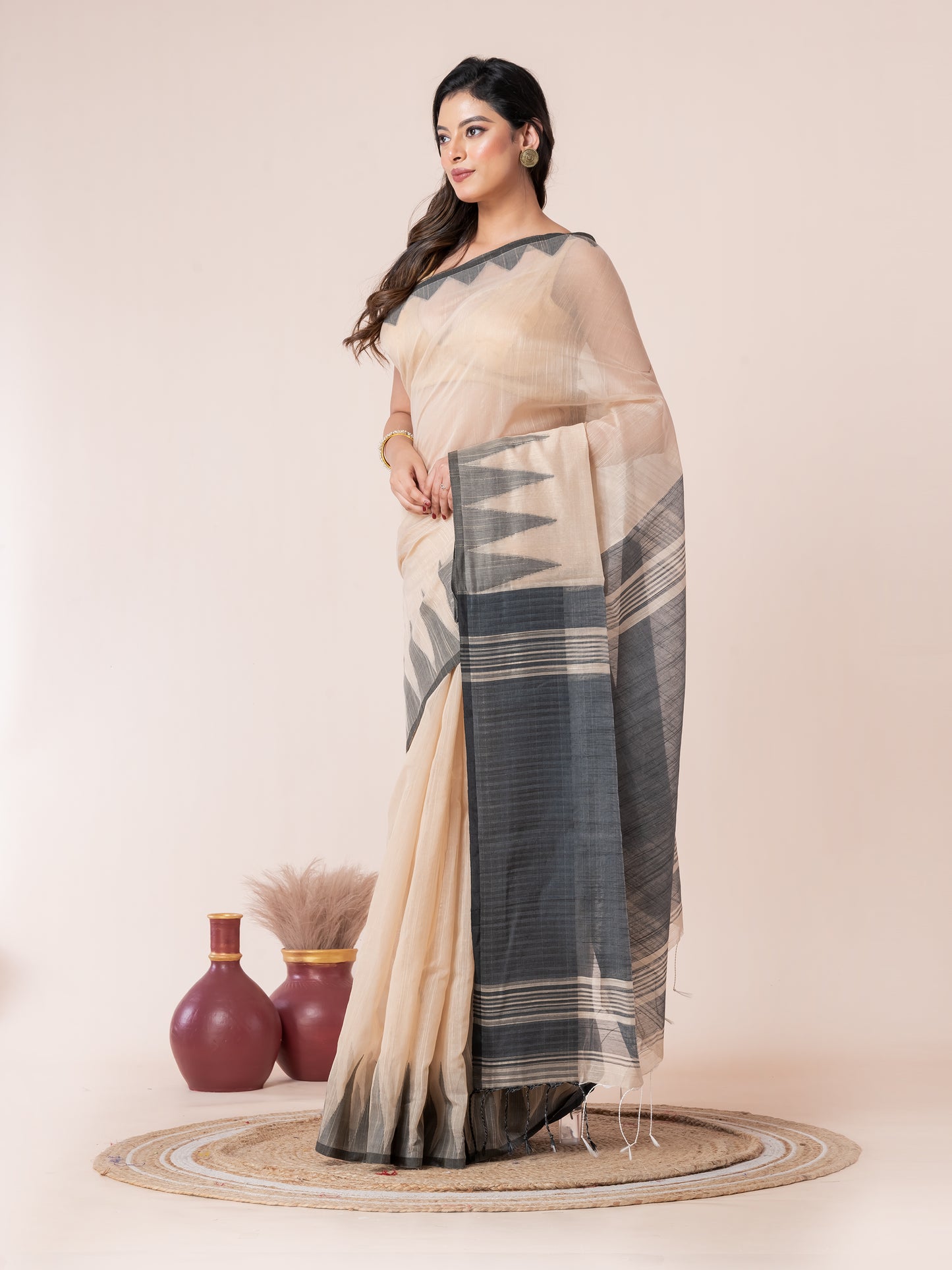 Sandalwood Body and Black Temple Border Cotton Saree