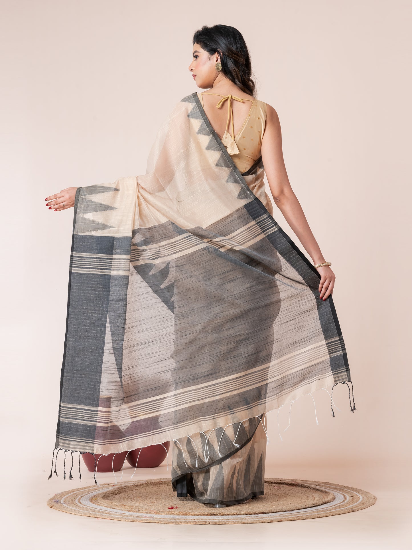 Sandalwood Body and Black Temple Border Cotton Saree