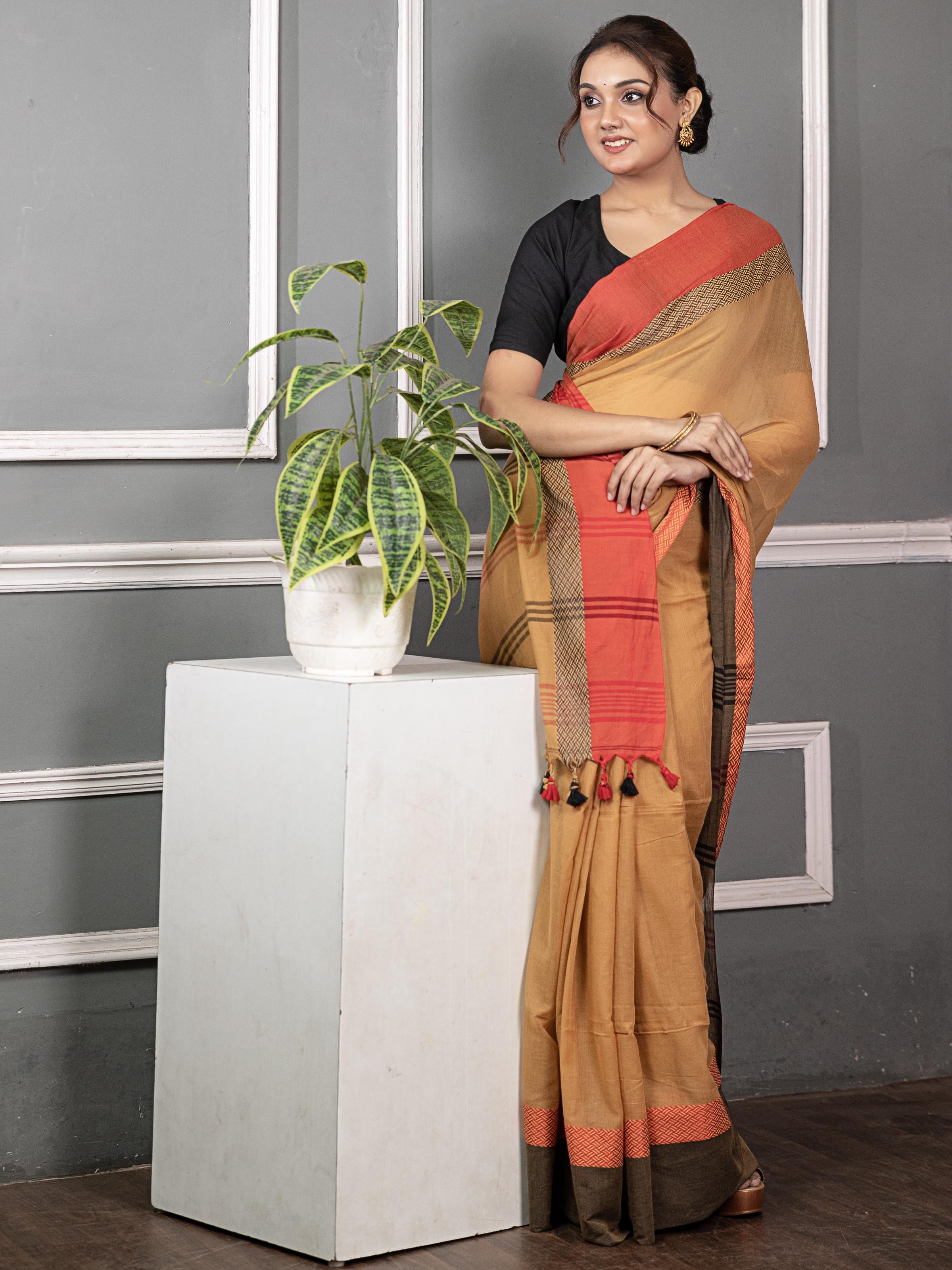 Sandalwood and Red, Gray Pure Mul Mul Saree
