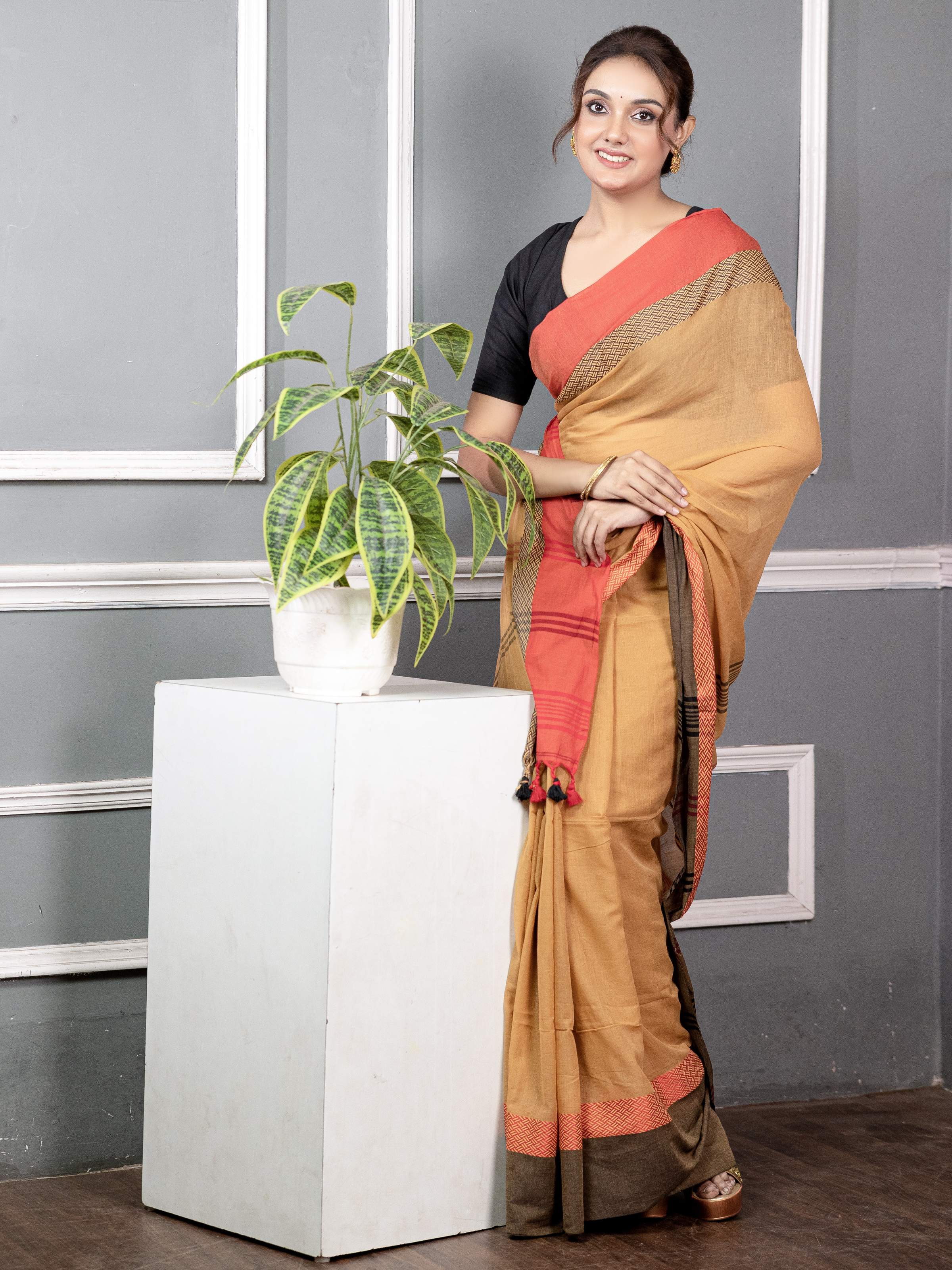 Sandalwood and Red, Gray Pure Mul Mul Saree