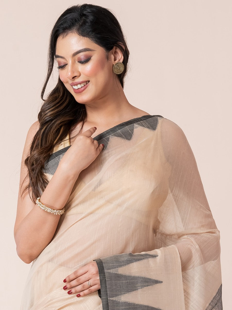Sandalwood Body and Black Temple Border Cotton Saree