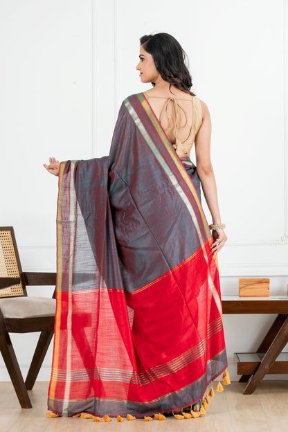Steel Colour Body with Red Pallu Cotton Saree