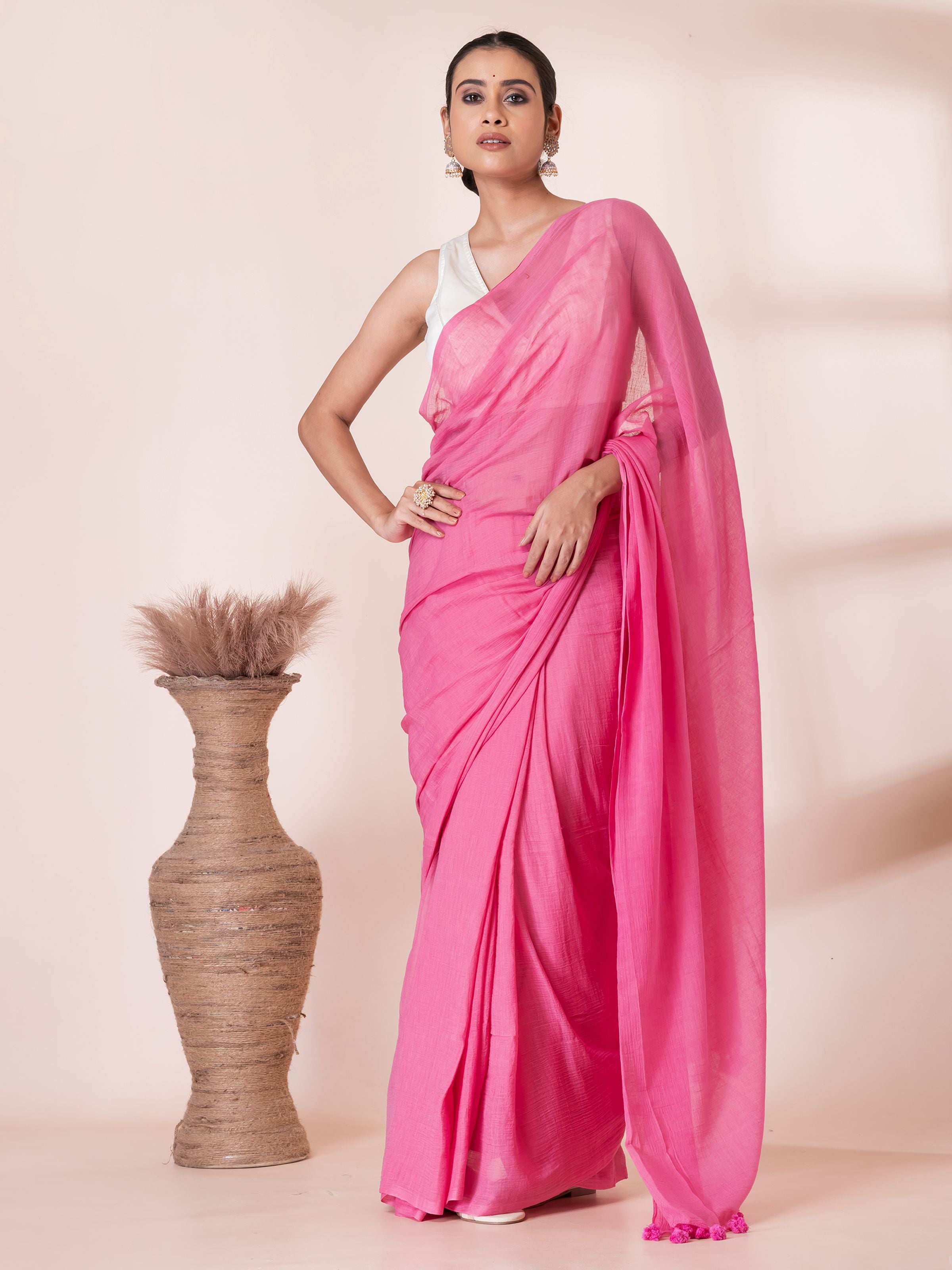 Sweet Pink Pure Handloom Mul Mul Saree