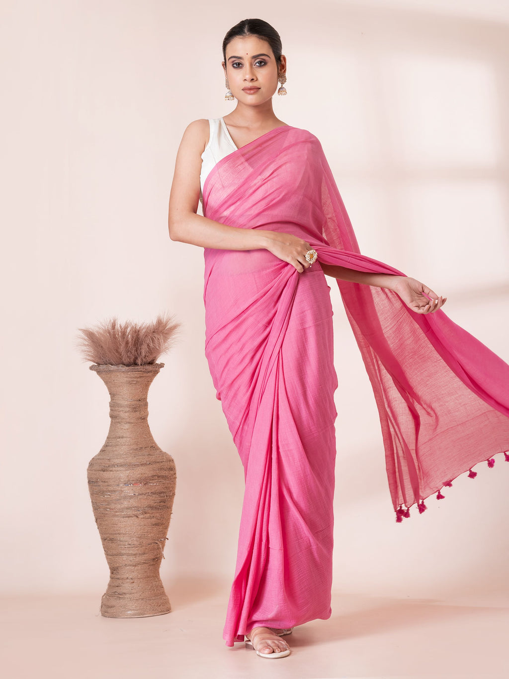 Sweet Pink Pure Handloom Mul Mul Saree