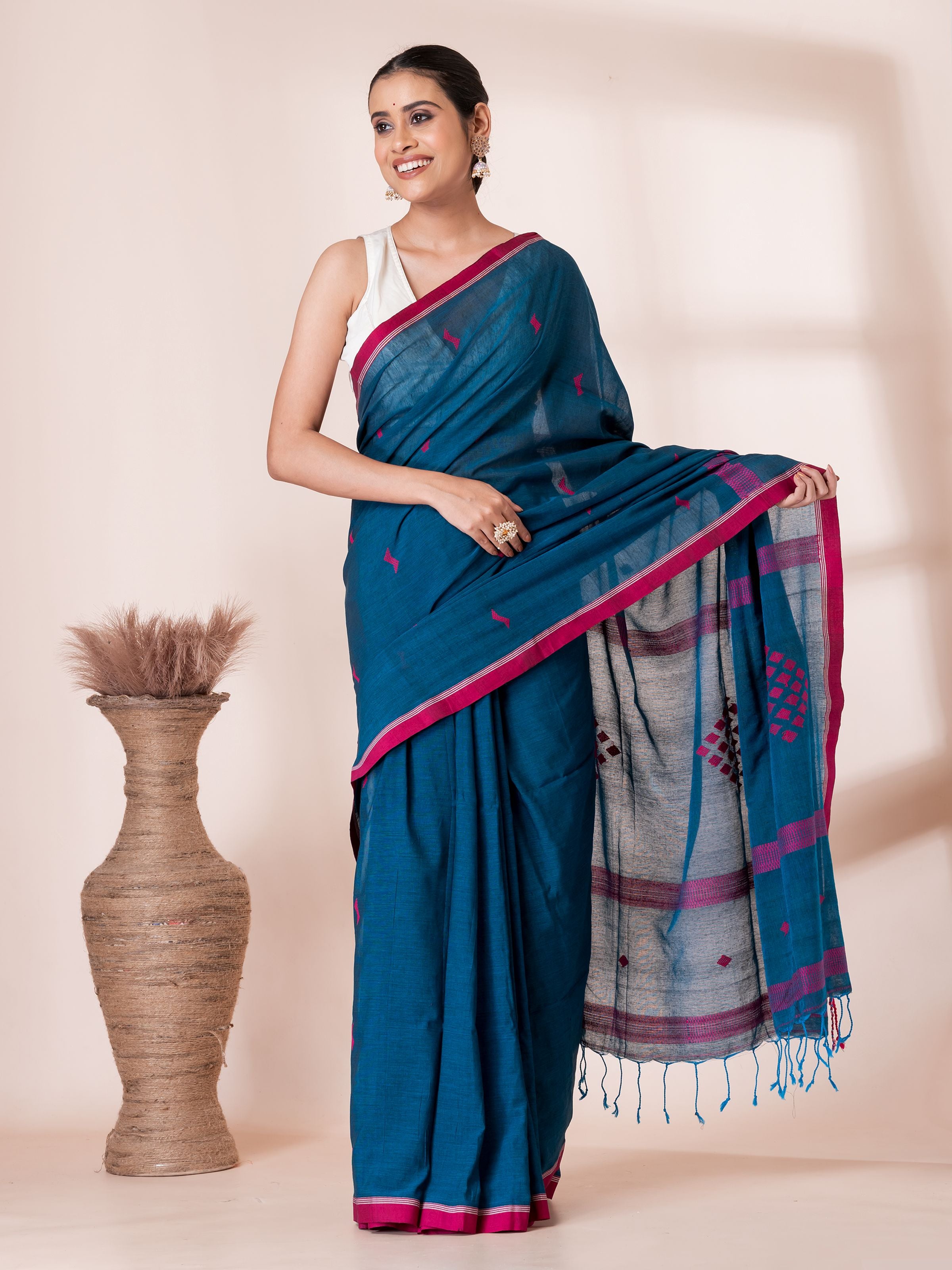 Teal Blue with Red Jamdani Butis Handloom Premium Cotton Saree