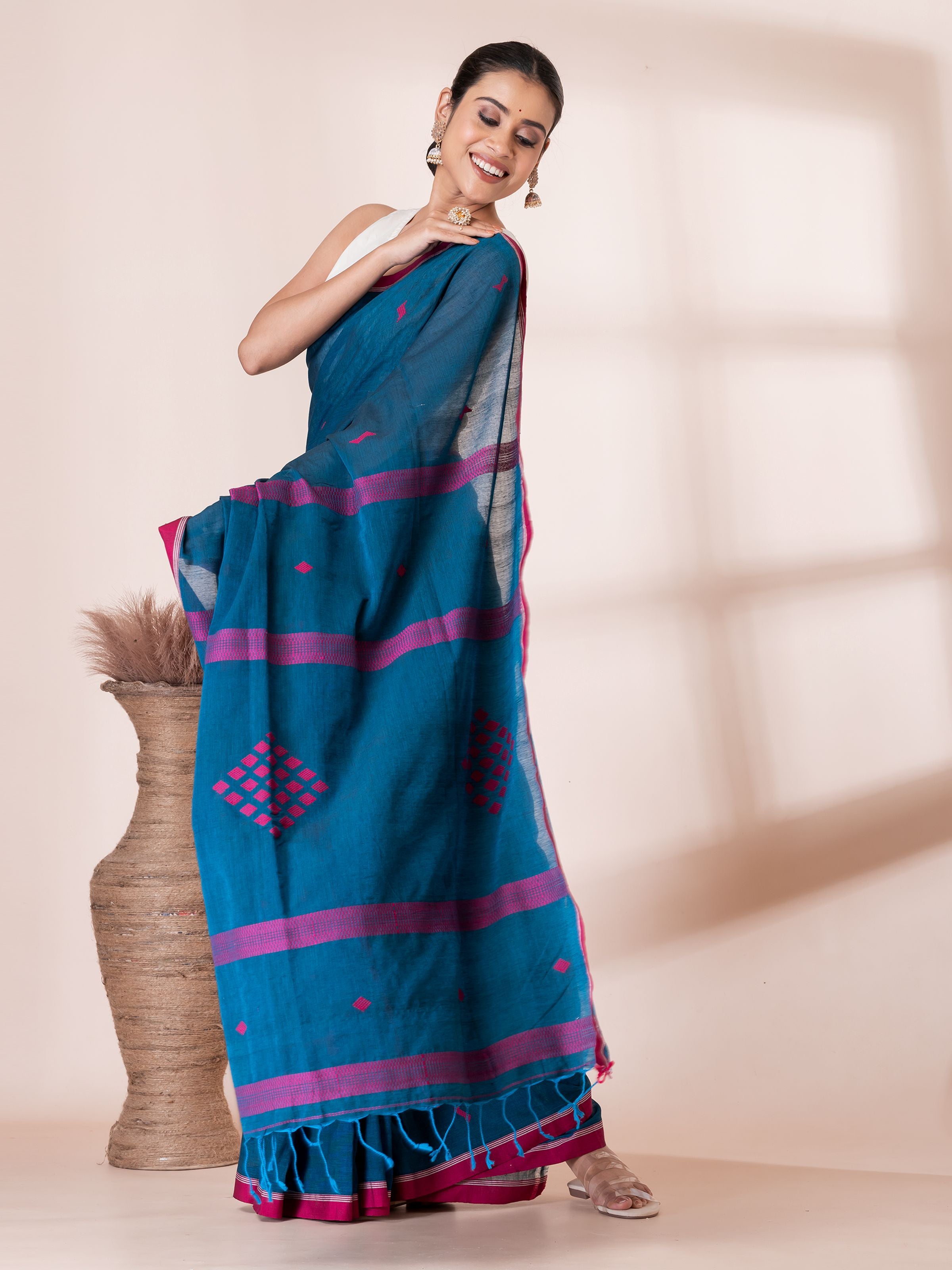 Teal Blue with Red Jamdani Butis Handloom Premium Cotton Saree