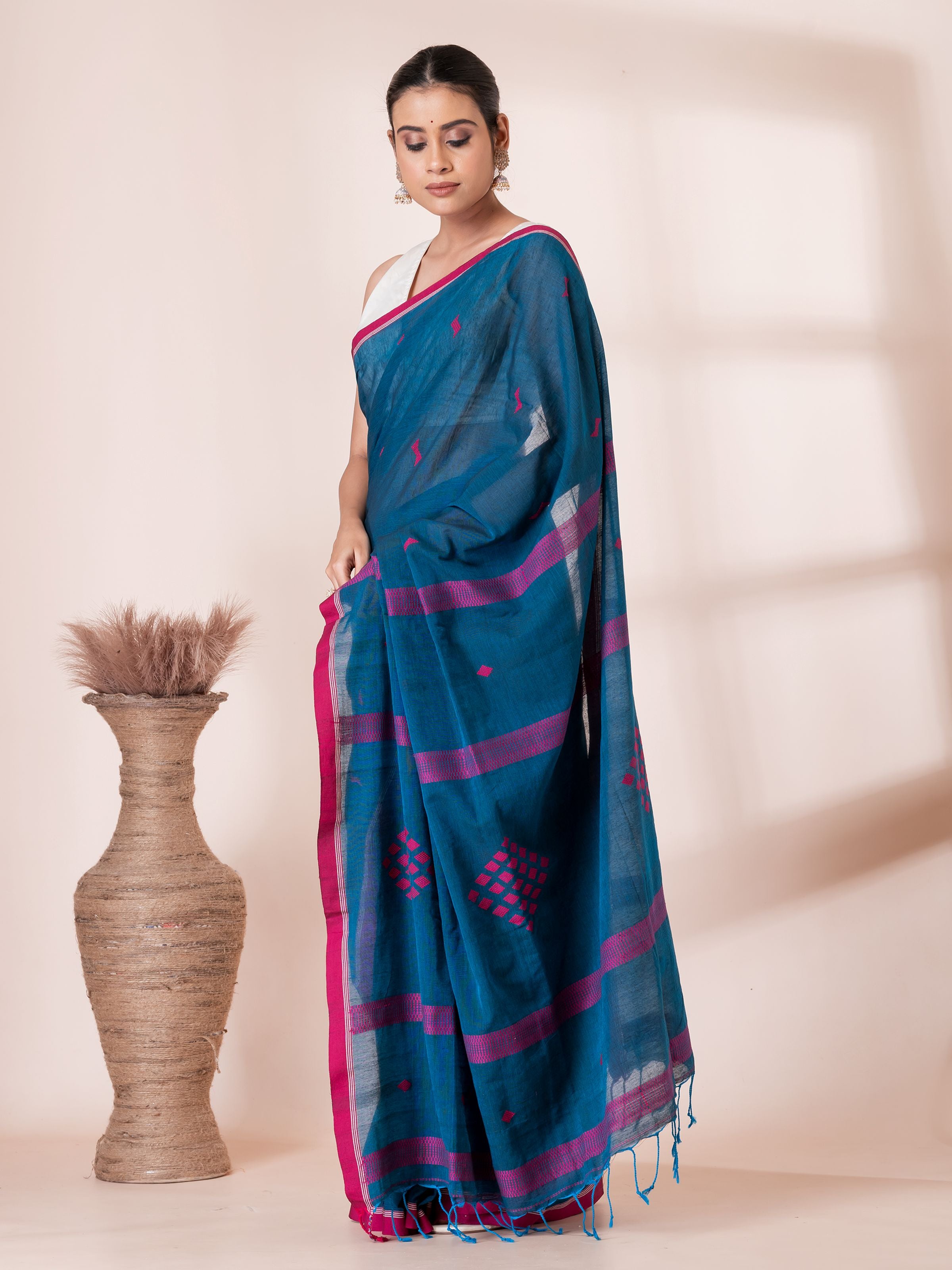 Teal Blue with Red Jamdani Butis Handloom Premium Cotton Saree
