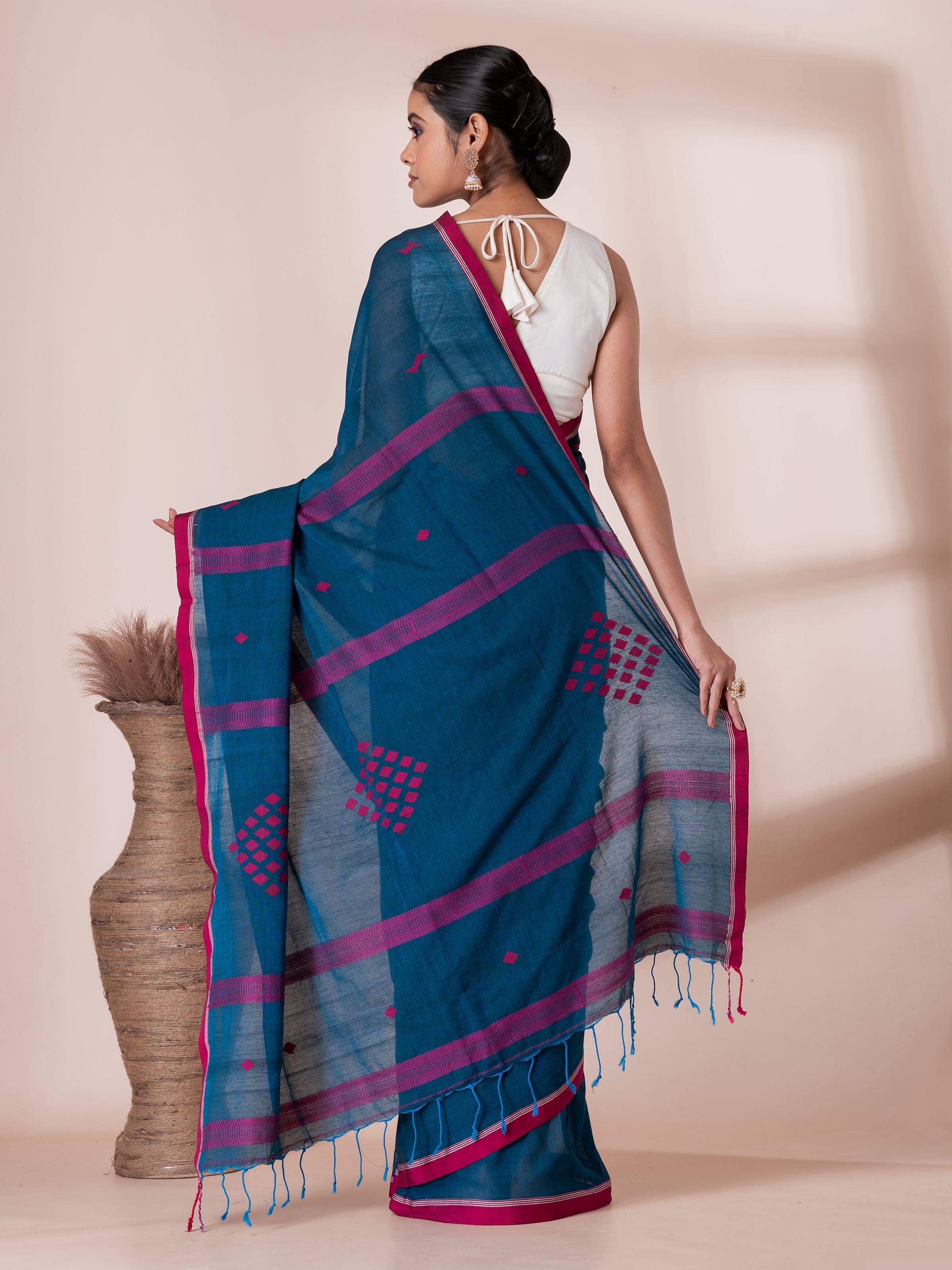 Teal Blue with Red Jamdani Butis Handloom Premium Cotton Saree