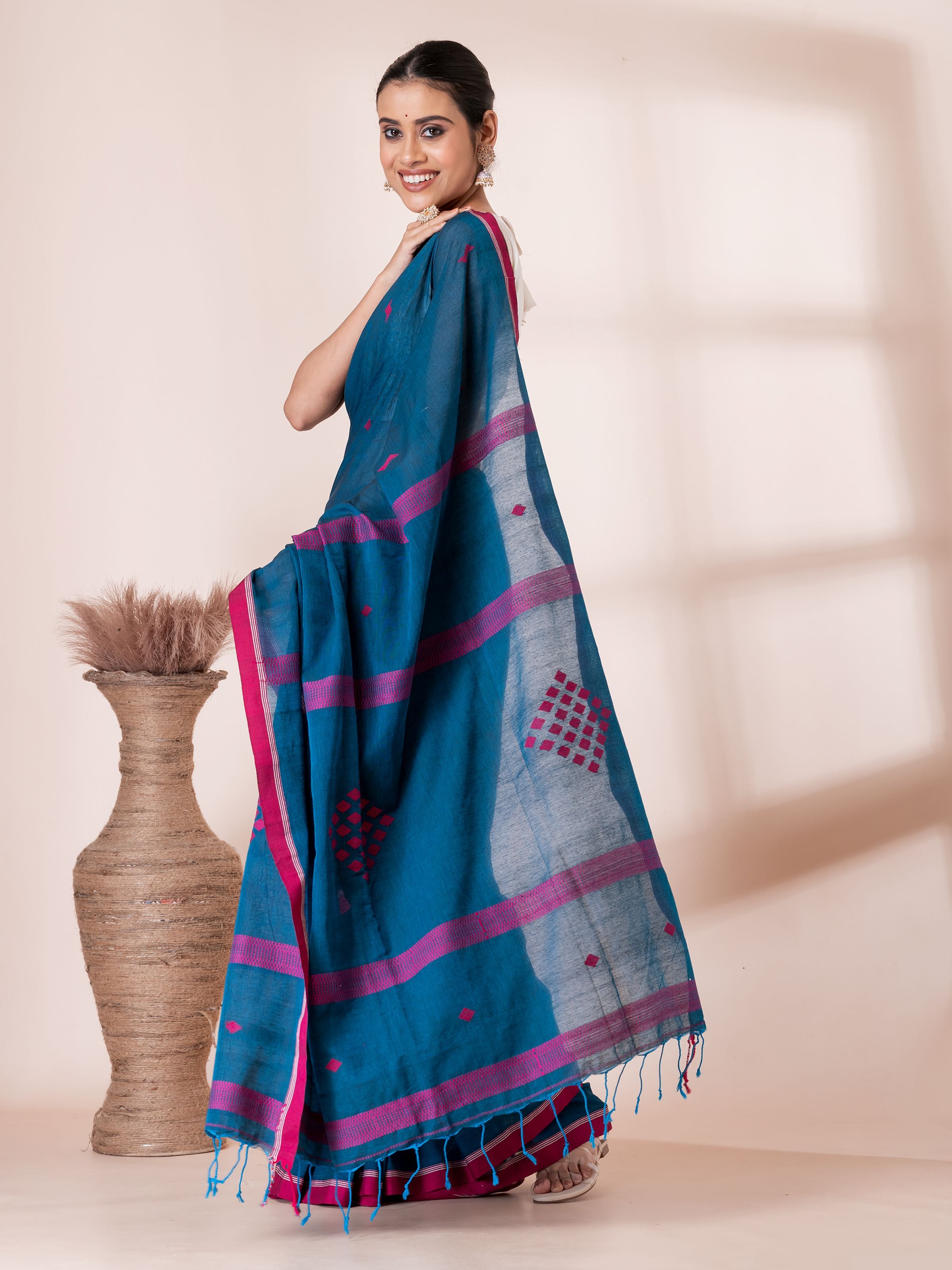 Teal Blue with Red Jamdani Butis Handloom Premium Cotton Saree