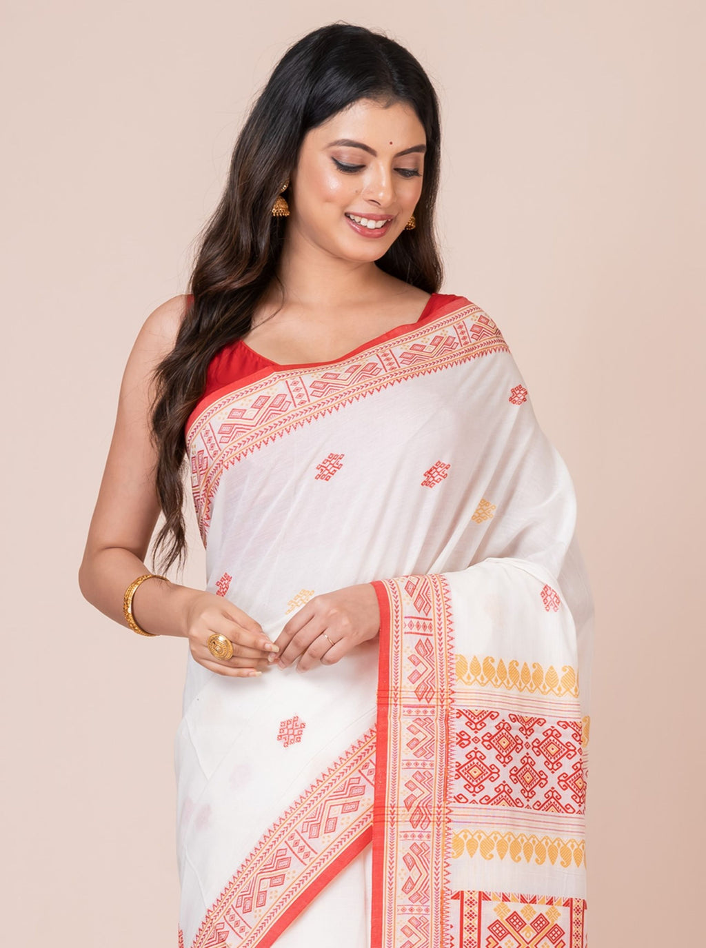 Assamese Red White and Yellow Handloom Premium Cotton Saree