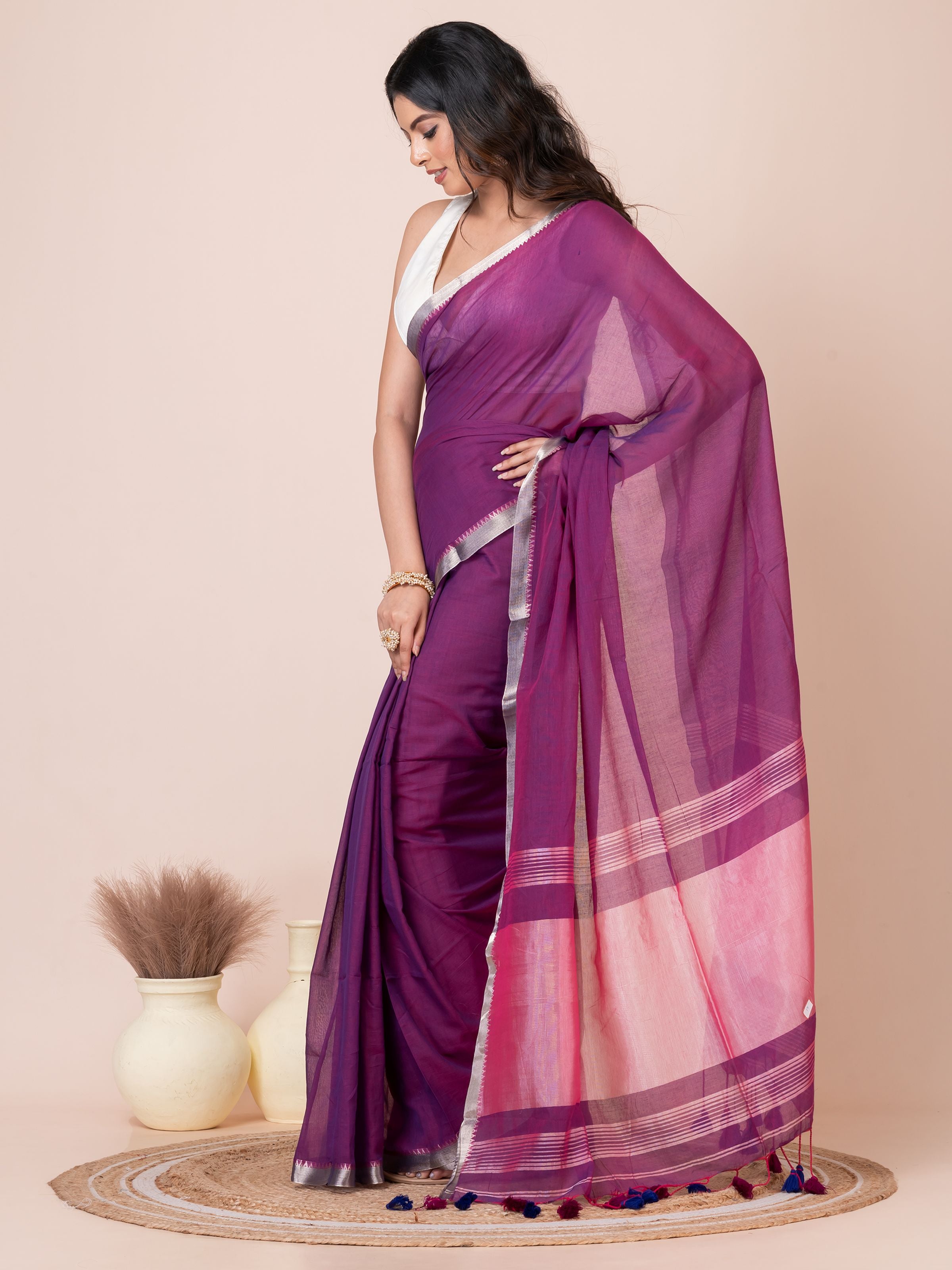 Violet Twill Mul Cotton Saree