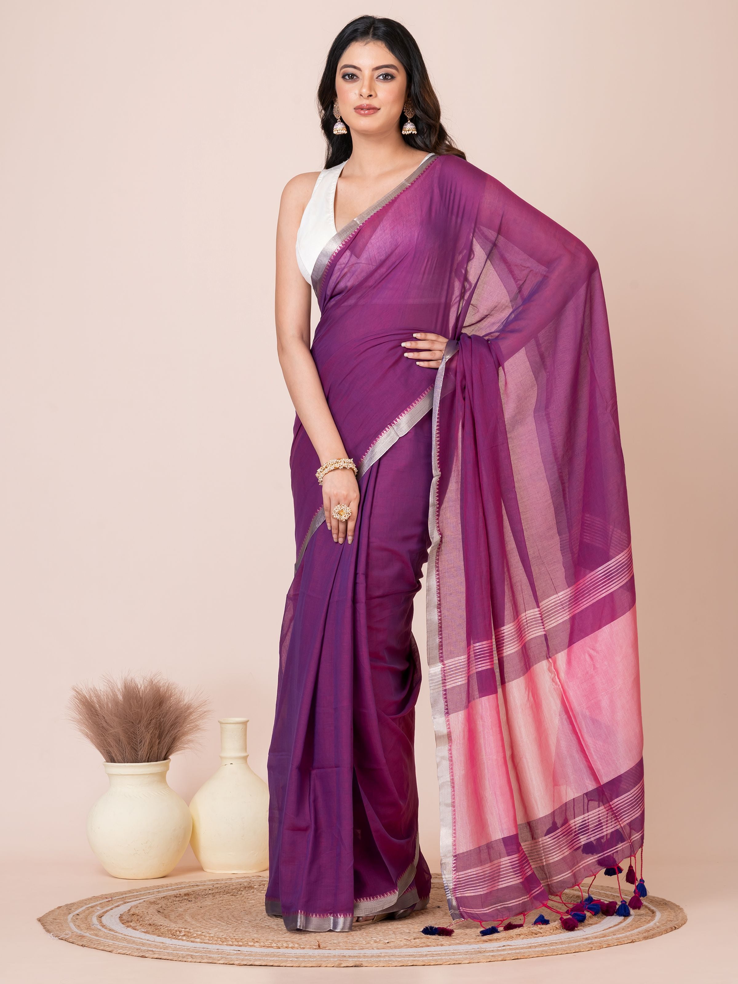 Violet Twill Mul Cotton Saree