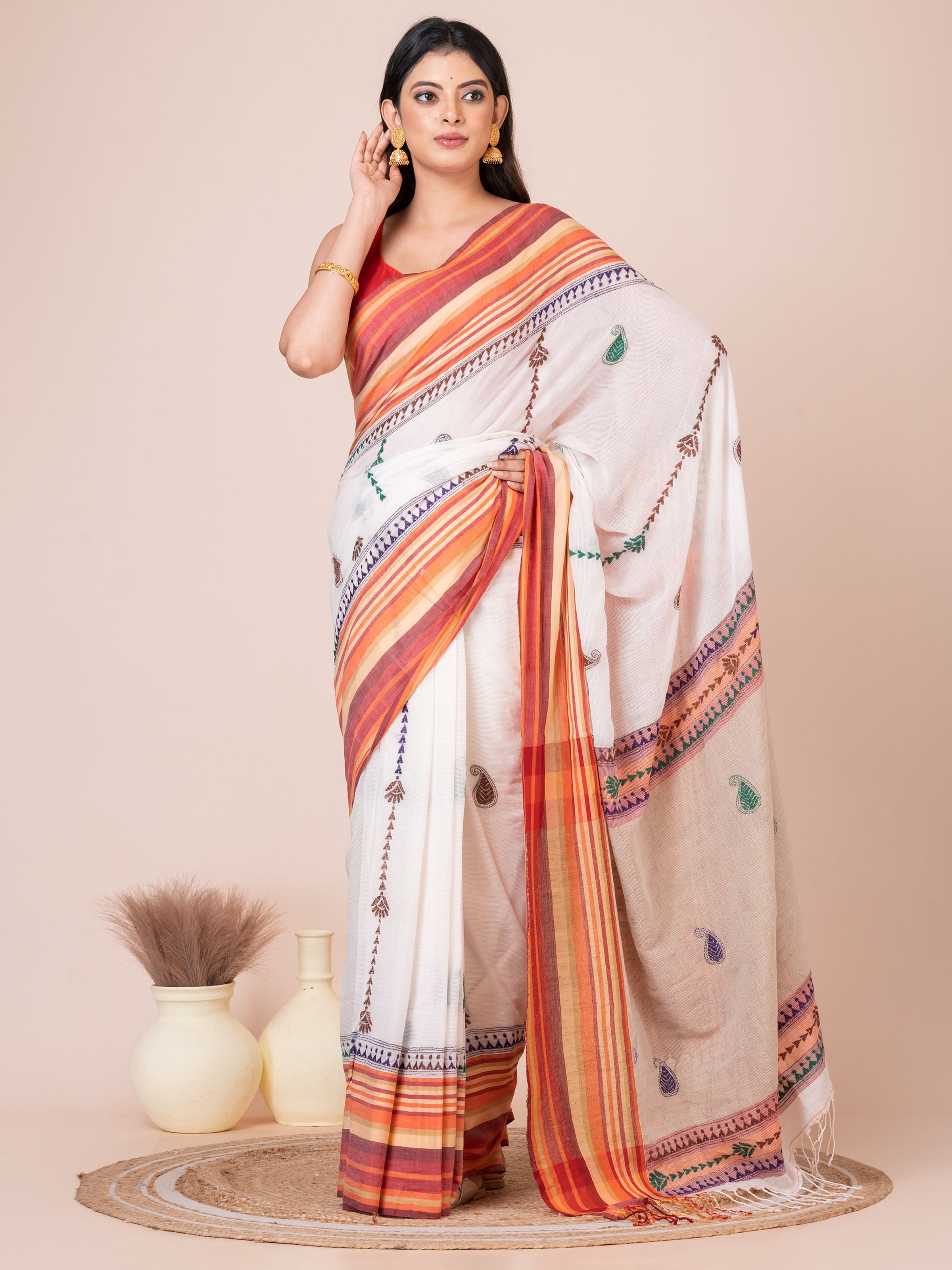 White Handloom Cellular Cotton Kantha Work Saree