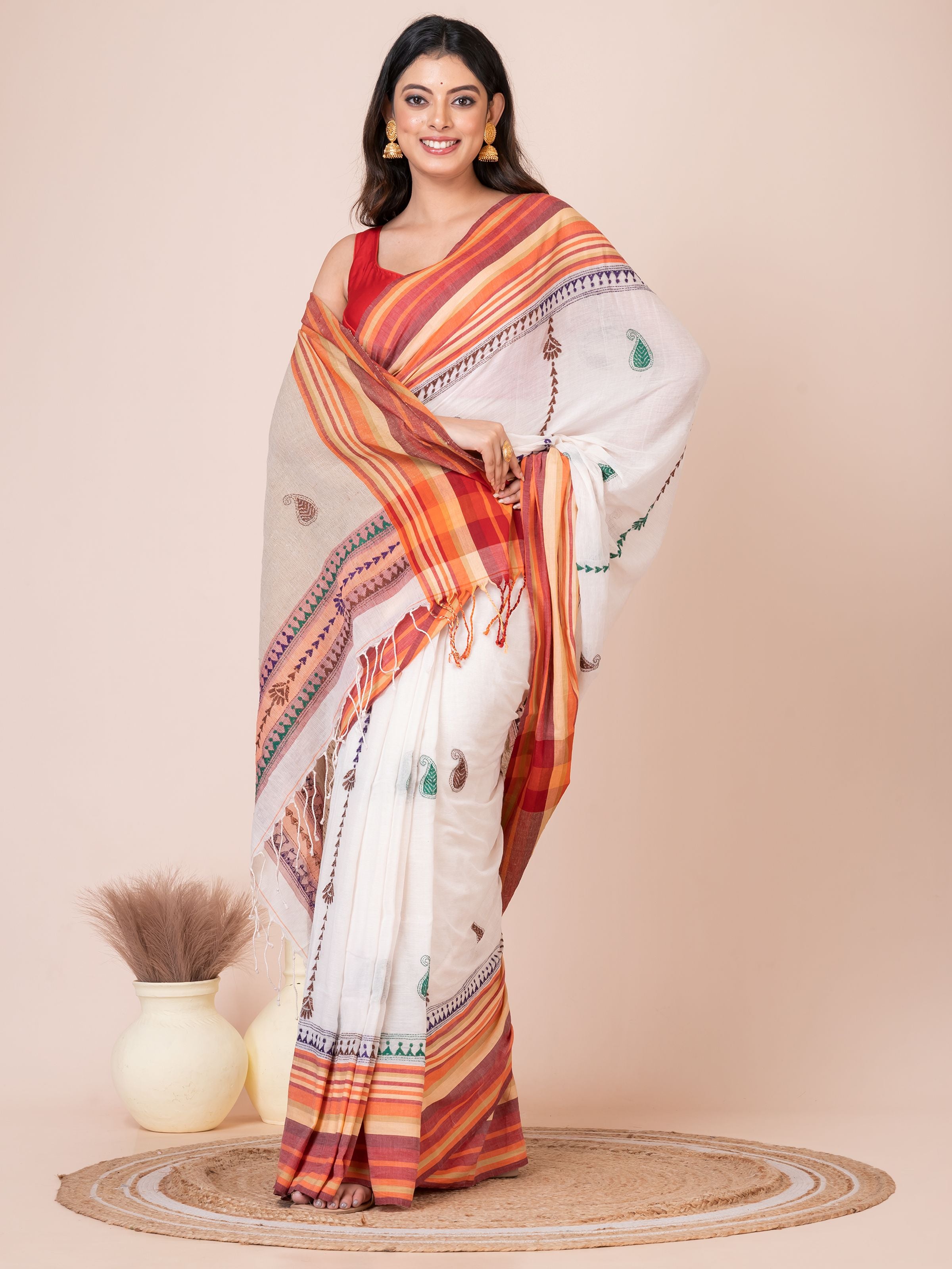 White Handloom Cellular Cotton Kantha Work Saree