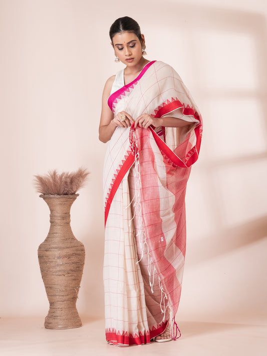 White with Red and Maroon Border Mul Cotton Saree