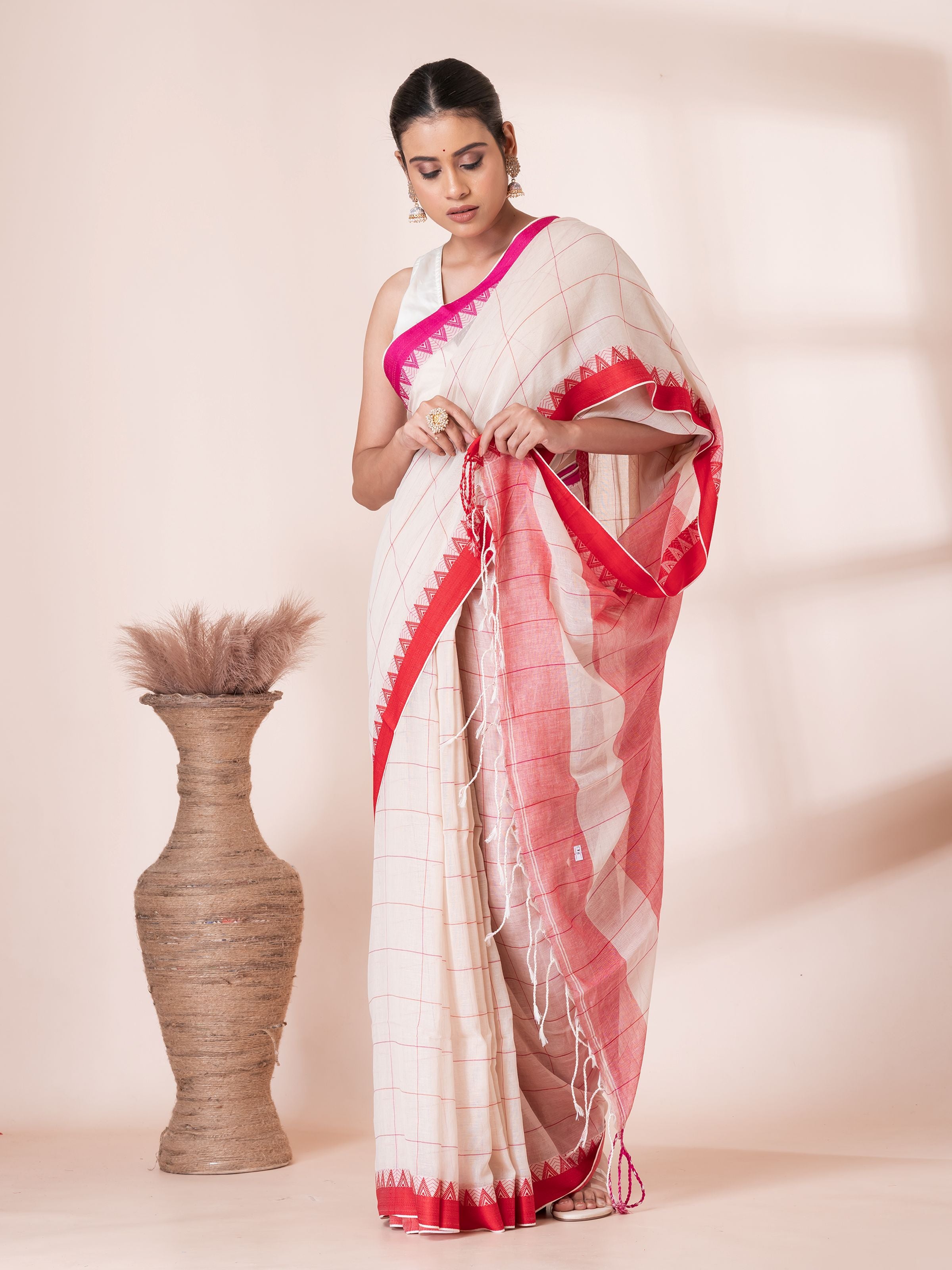 White with Red and Maroon Border Handloom Mul Cotton Saree